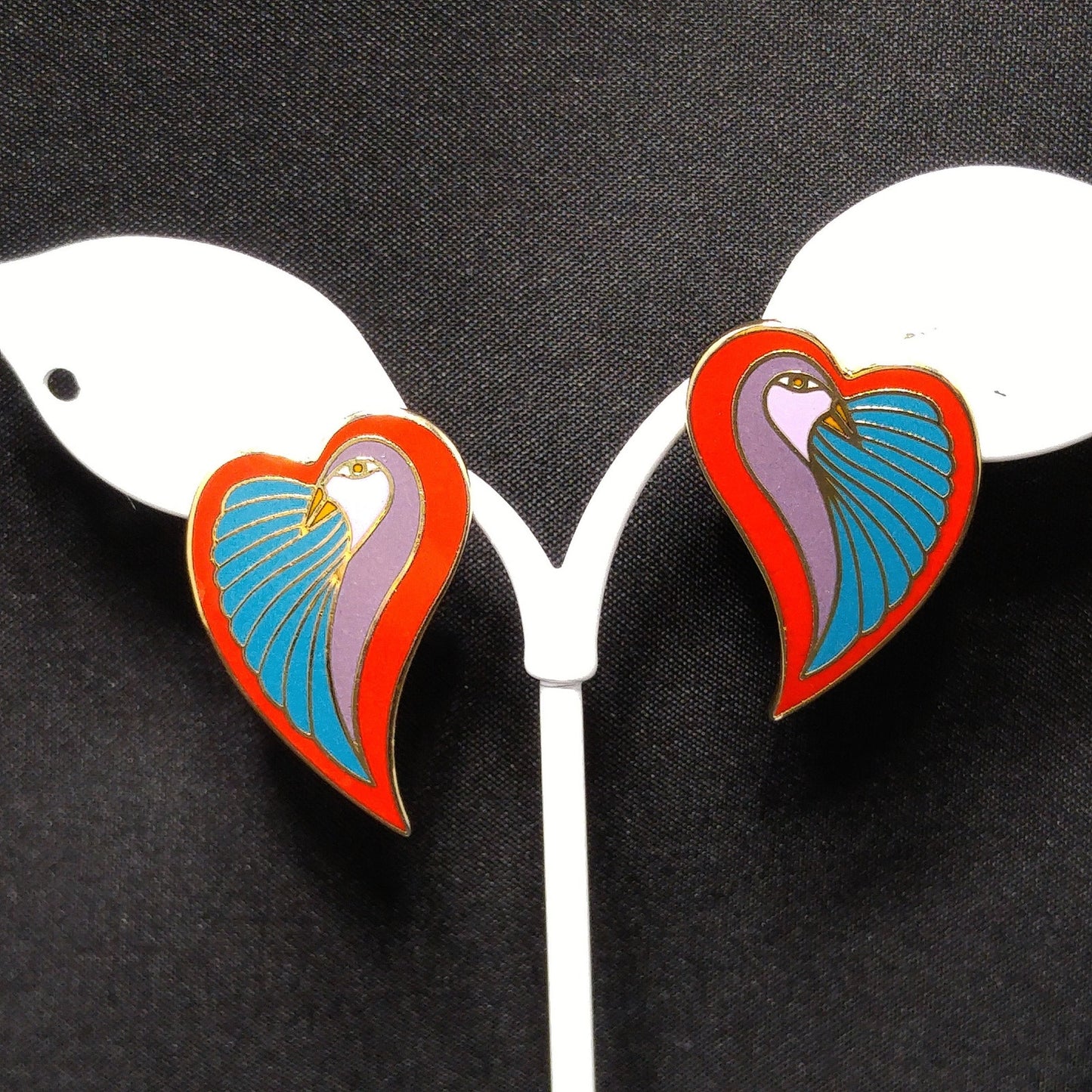 Laurel Burch "Dove Heart" Post Earrings, Gold Plated, 1980s Vintage Jewelry