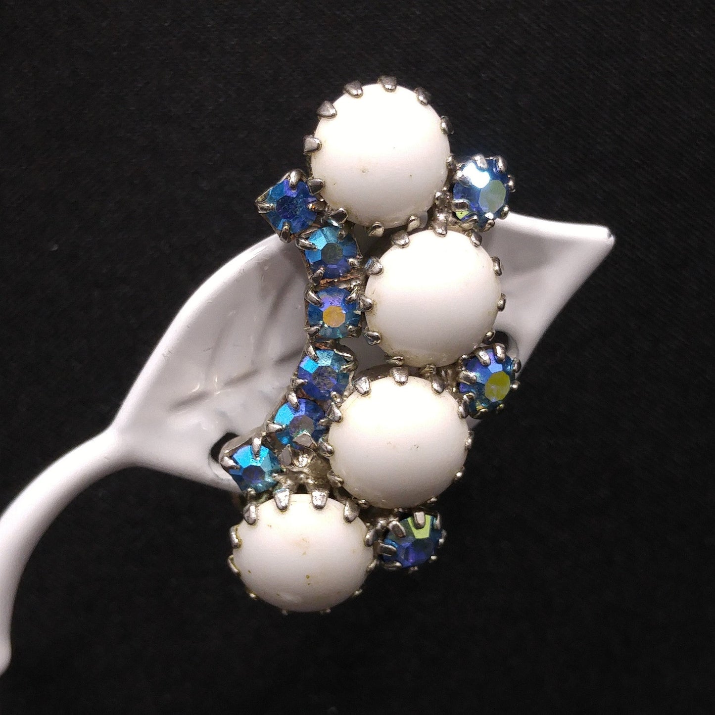 Weiss Aurora Borealis Blue Rhinestone Clip Earrings, White Milk Glass Cabochons, Ear Climbers, 1960s Vintage Jewelry