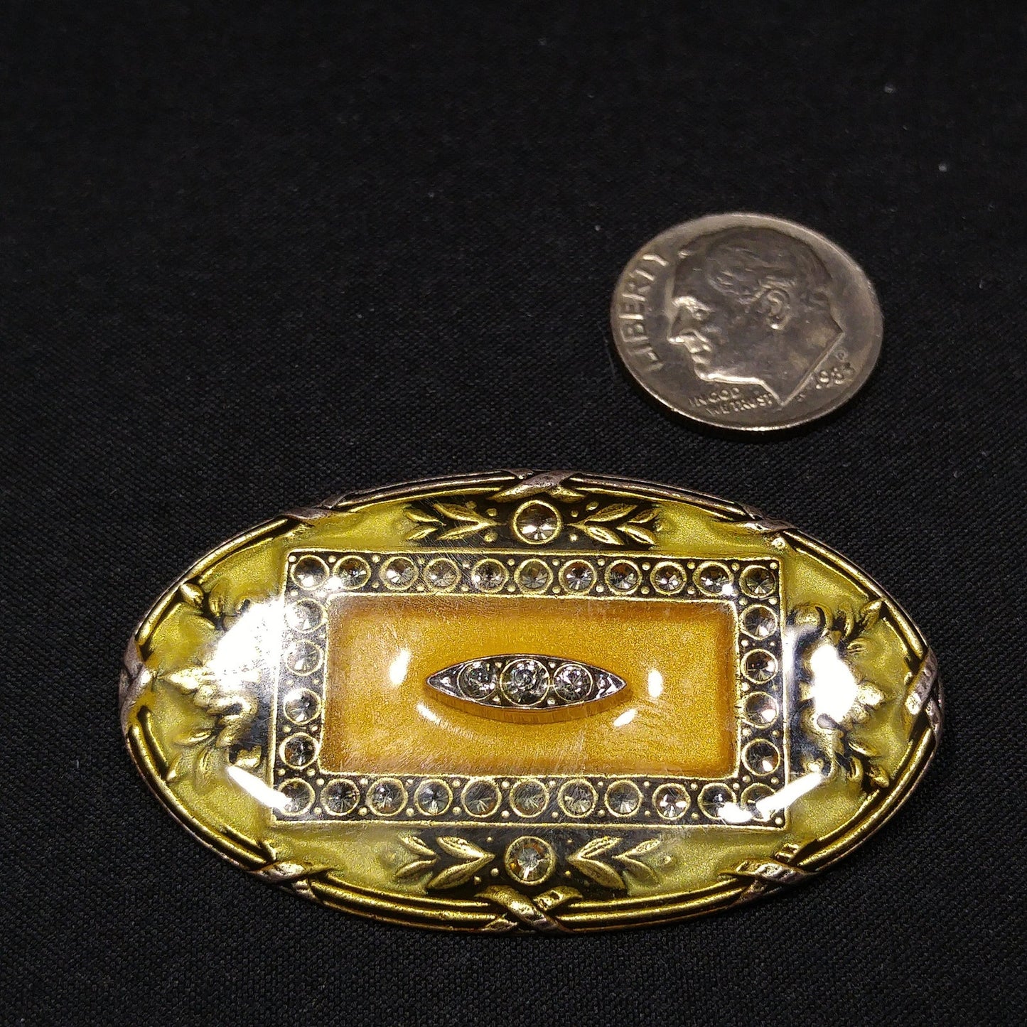 Catherine Popesco Oval Brooch, Cream & Gold Enamel, Rhinestones Under Enamel, France, 1980s Vintage Jewelry