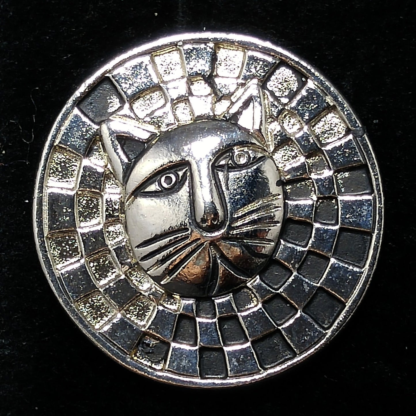 Laurel Burch Cat Face Post Earrings, Checkerboard Background, Rhodium Plate