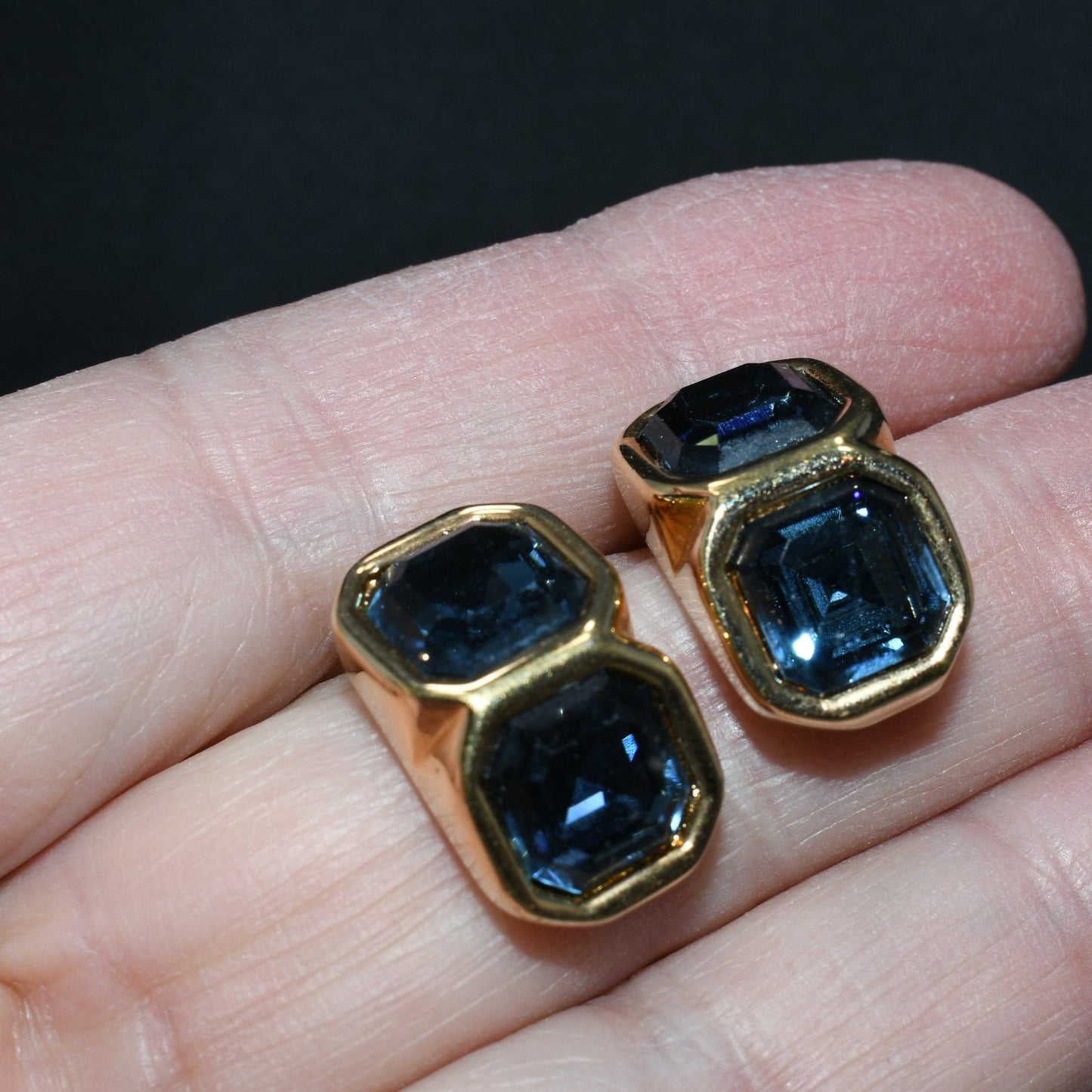 Edelweiss S.A.L. Swarovski Blue Clip Earrings, Gold Plated,  Vintage Jewelry