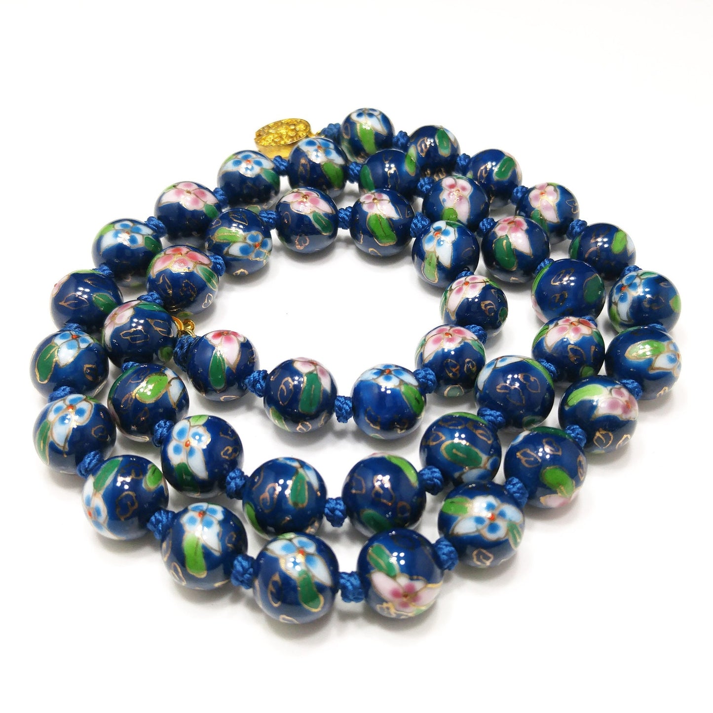 Vintage Chinese Hand Knotted Beaded Necklace, Blue Hand Painted Floral Beads, 1960s Vintage Jewelry