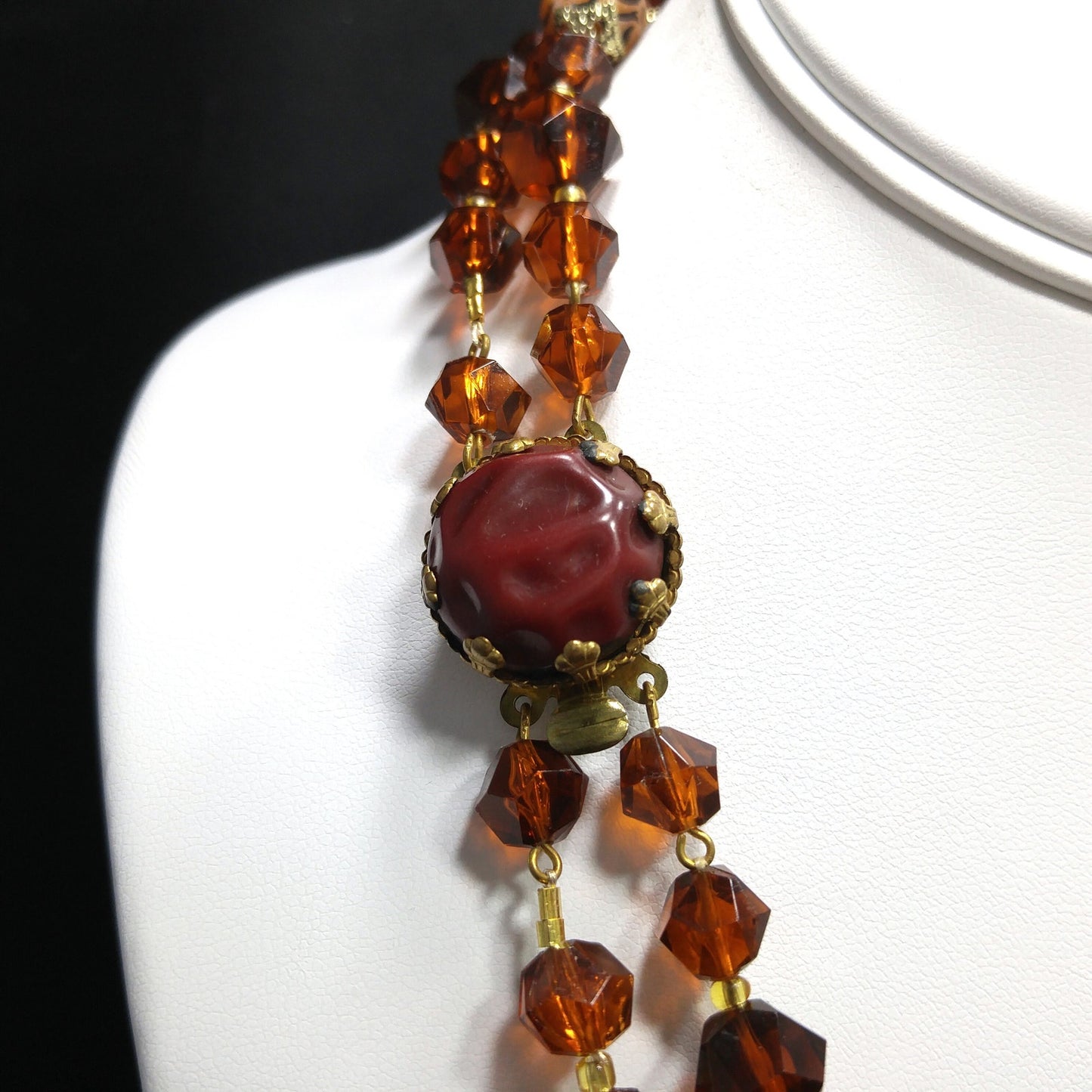 Western Germany Art Bead Floral Necklace, Two Strands, Button Box Clasp, 1950s Vintage Jewelry