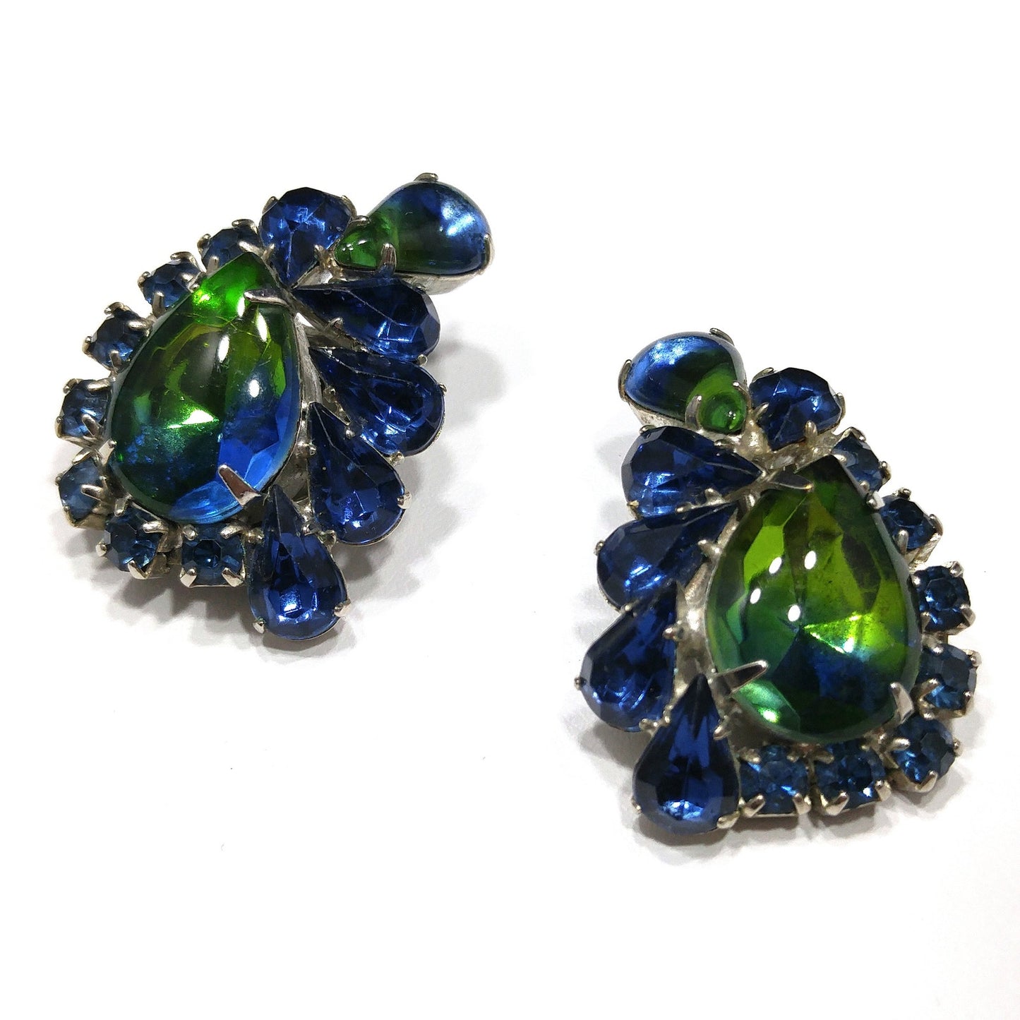 Weiss Blue Green Rhinestone Earrings, Rhodium Plated, 1950s Vintage Jewelry