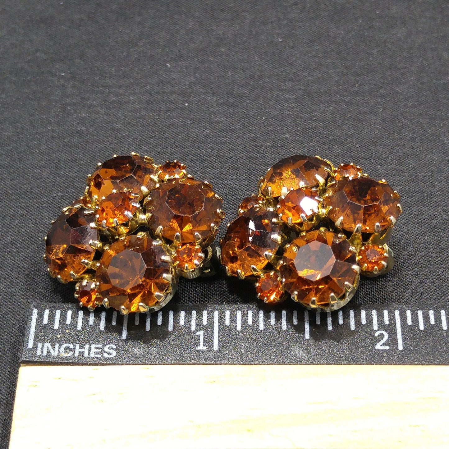 Weiss Topaz Rootbeer Rhinestone Clip Earrings, Gold Plated, Floral Design, 1960s Vintage