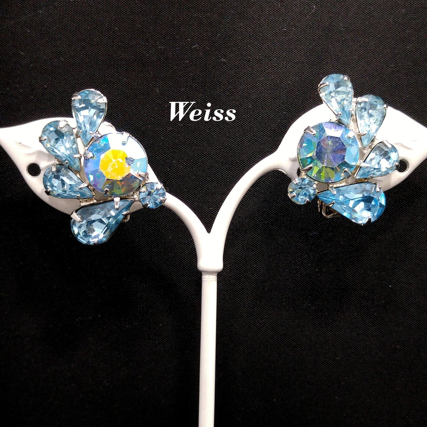 Weiss Light Blue Rhinestone Clip Earrings, Rhodium Plated, 1960s Vintage Jewelry