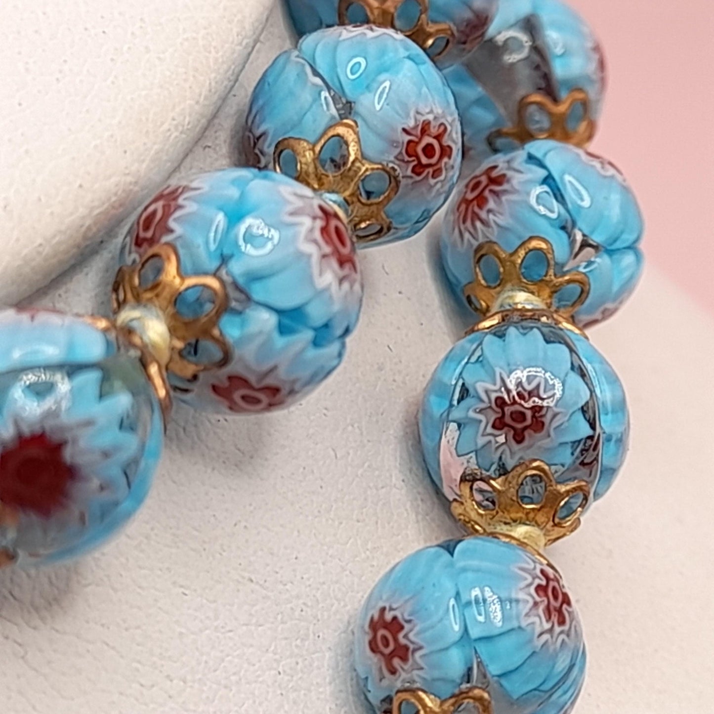 Vintage Murano Glass Floral Bead Necklace, 24 Inches, Hand-knotted, 1950s