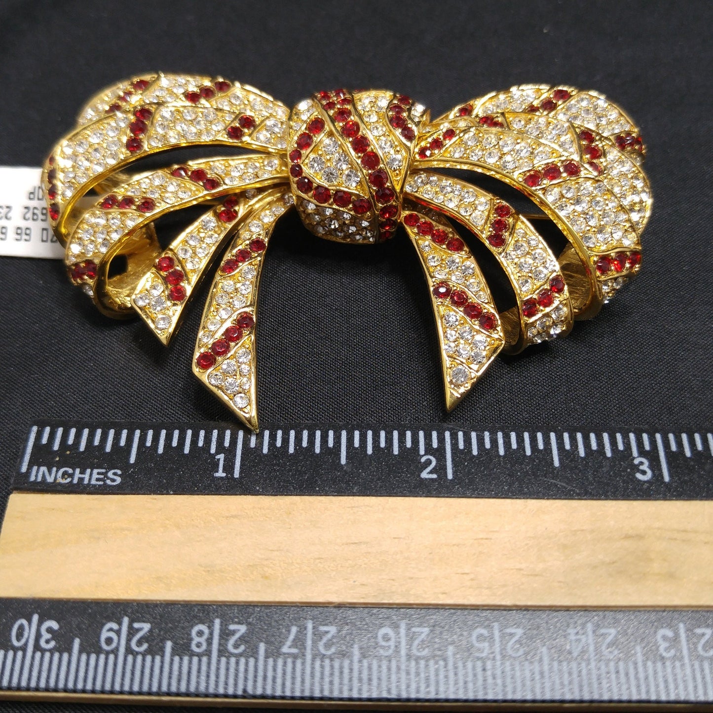 Ciner Red and Clear Rhinestone Bow Brooch – Vintage Gold Plated Large Statement Pin