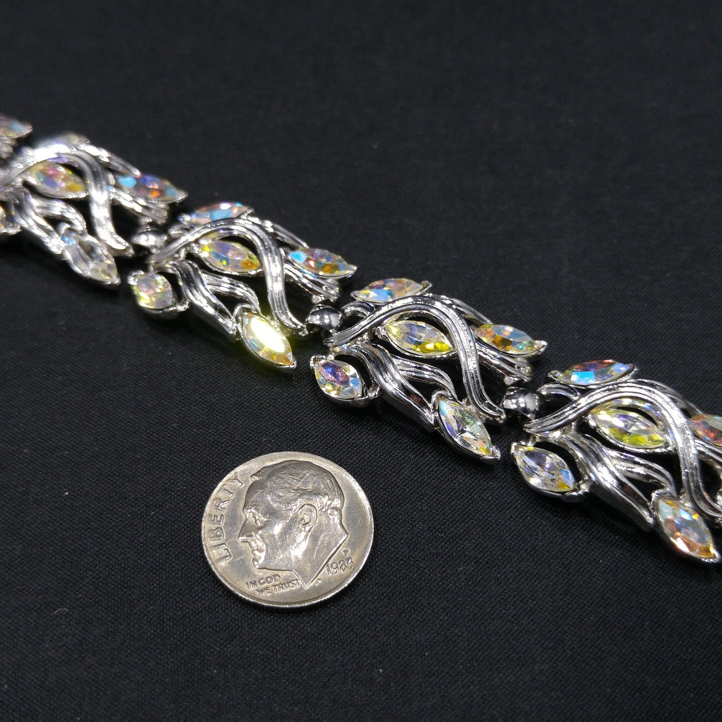 Crown Trifari Wedding Rhinestone Bracelet, Rhodium Plated, Aurora Borealis, 1960s Vintage Jewelry