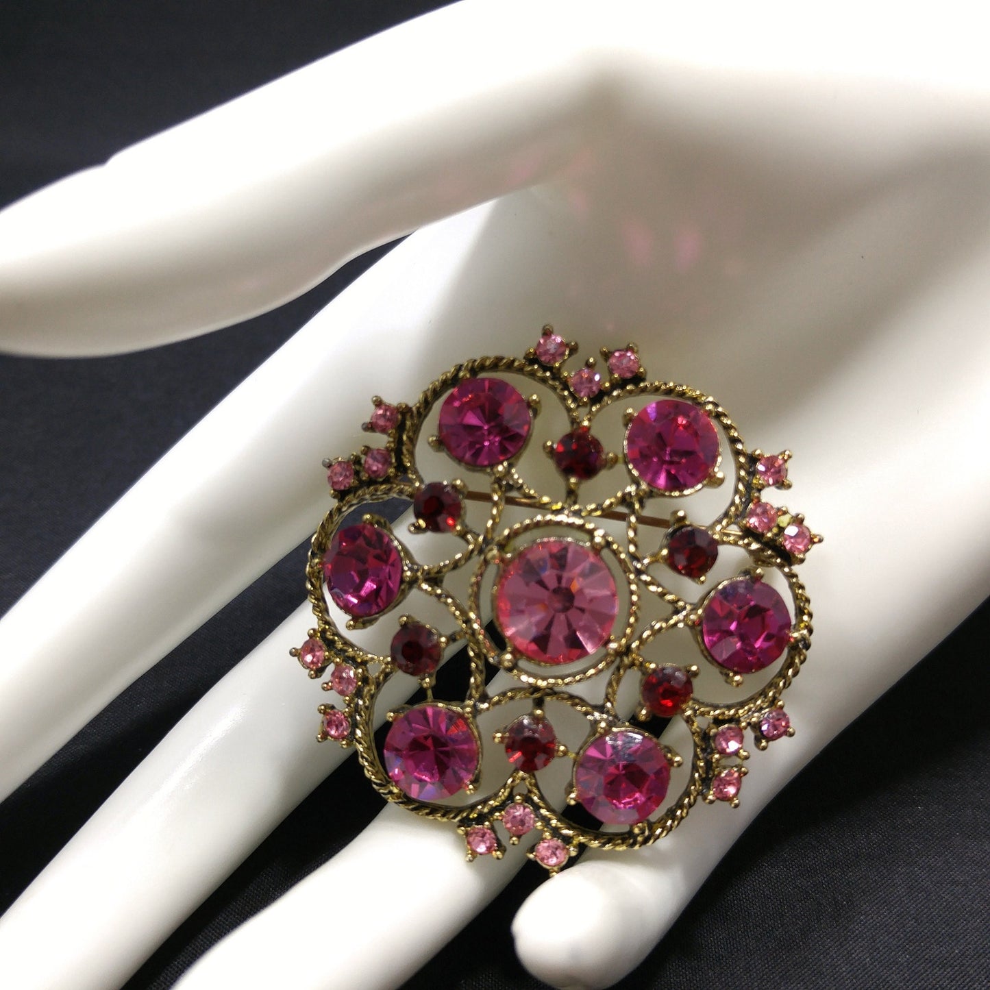 Weiss Pink Rhinestone Brooch, Antique Gold Rope Pin, 1960s Vintage Jewelry
