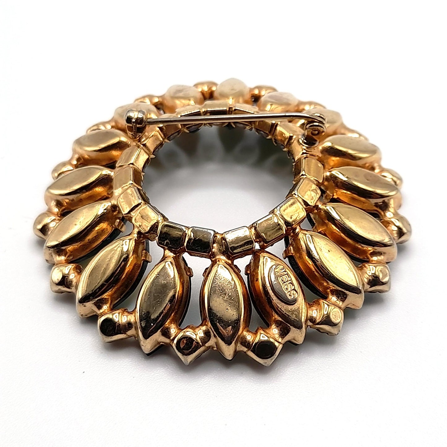 Vintage Weiss Fire Polished Rhinestone Wreath Brooch, Gold Plated, 2 1/4 Inches