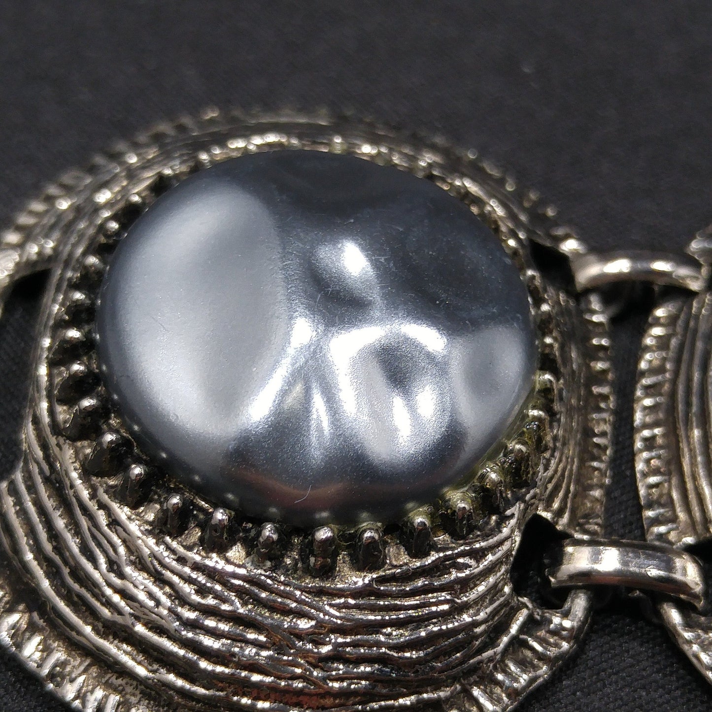 Mid-century Silver Chunky Five Link Bracelet, Gold Plated, Blue Lucite Metallic Pearled, 1960s Vintage Jewelry