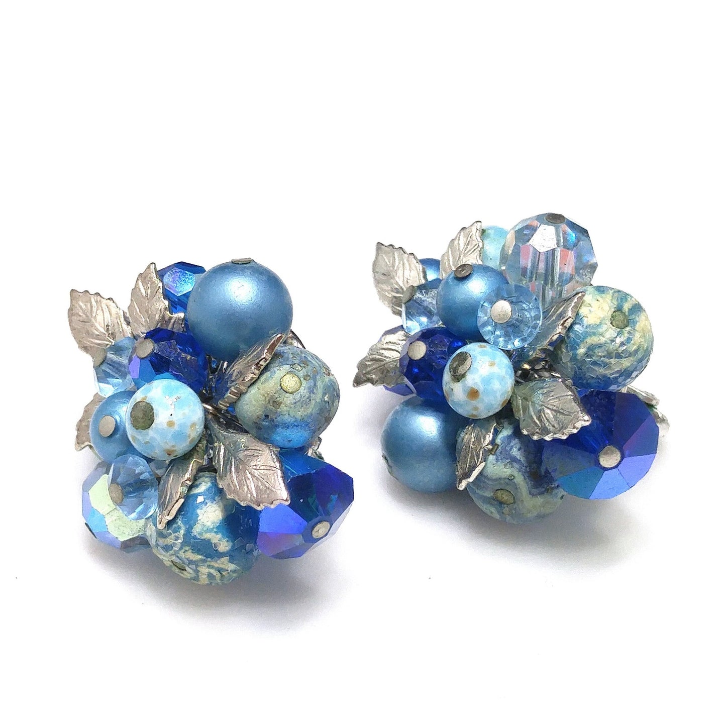Vendome Blue Beaded Clip Earrings, Aurora Borealis, Silver Leaves, 1960s Vintage Jewelry