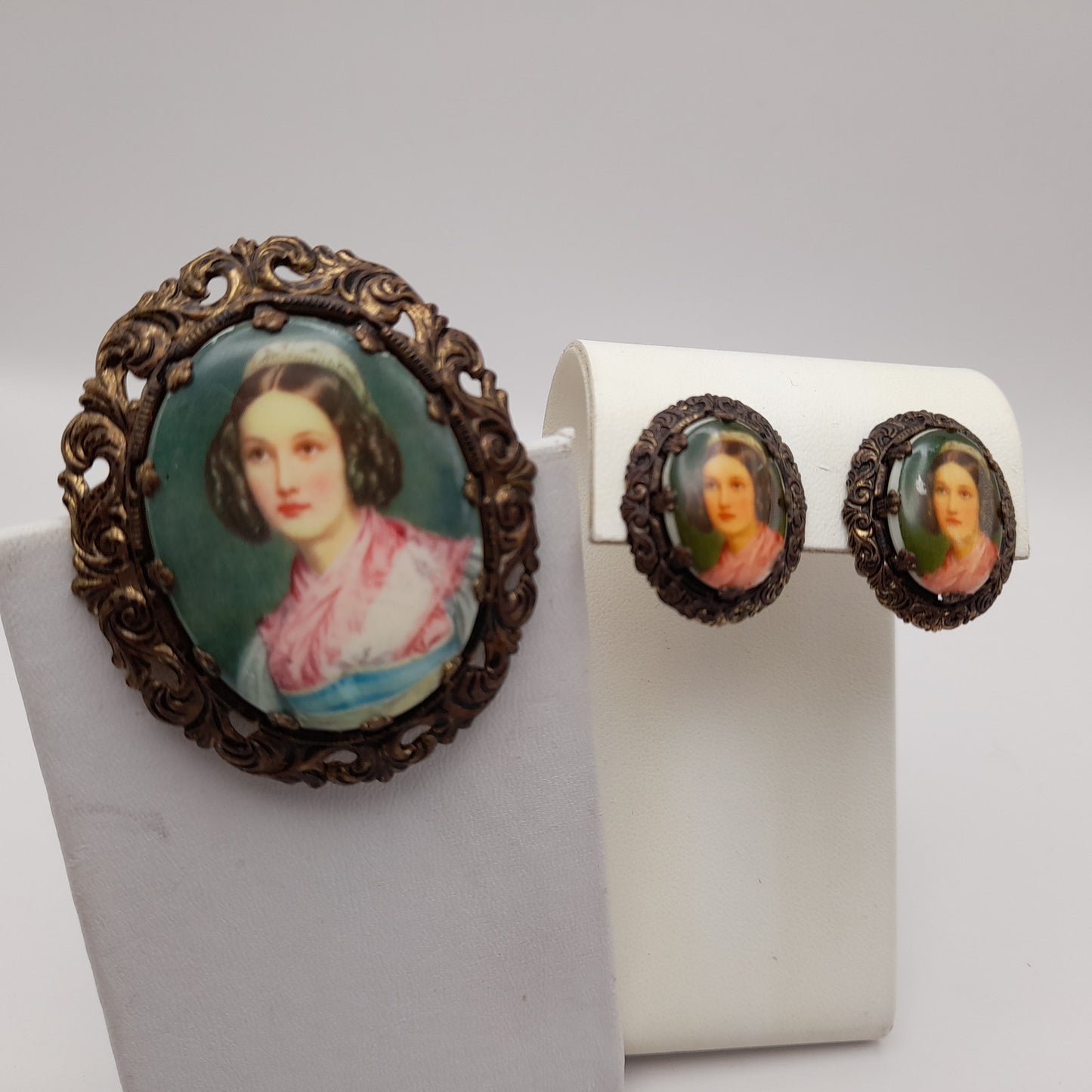 Western Germany Vintage Brooch Earrings Set Portrait Transfer on Glass Gold Tone