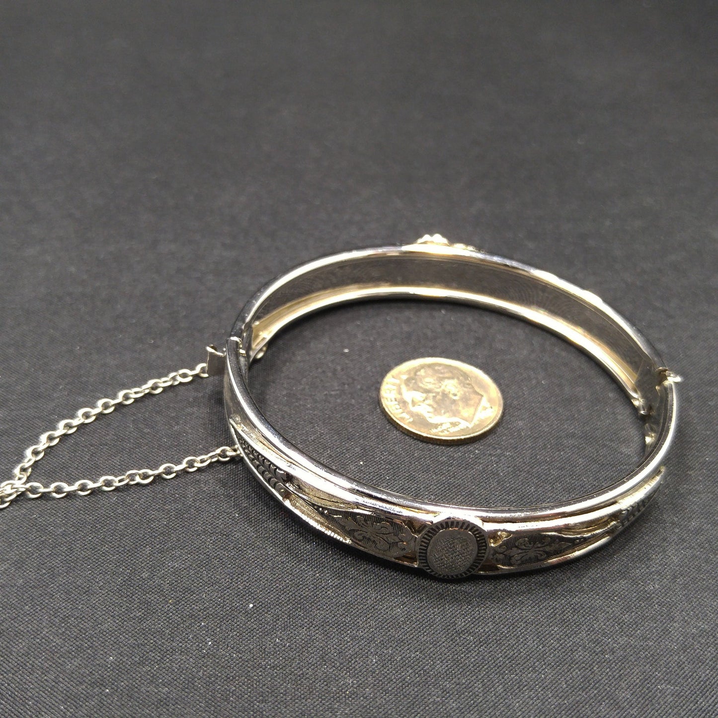 Whiting & Davis Rhodium Plated Hinged Bracelet, Safety Chain, 1960s Vintage Jewelry