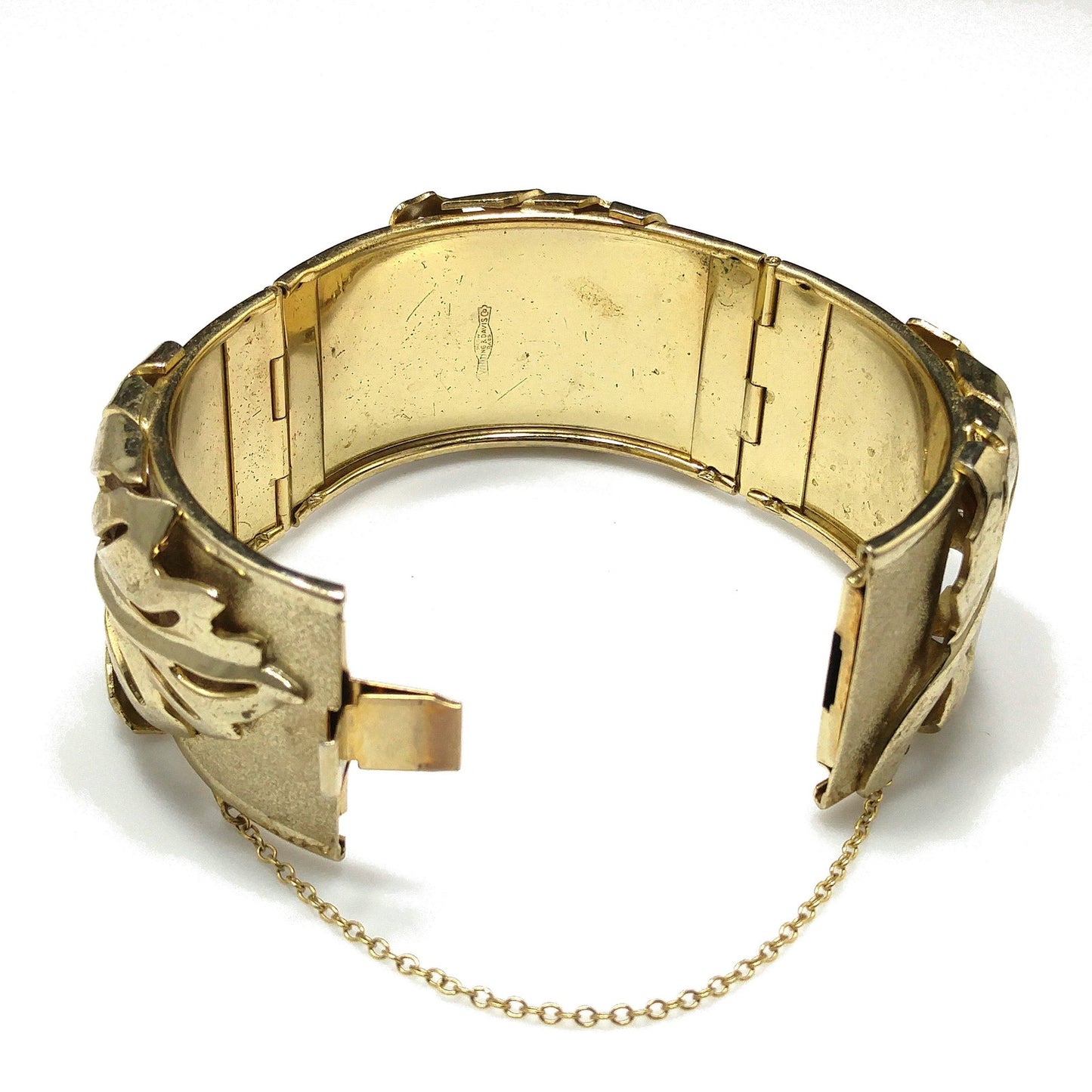 Whiting & Davis Gold Plated Leaf Bracelet, Hinged Wide Clamper, 1950s Vintage Jewelry