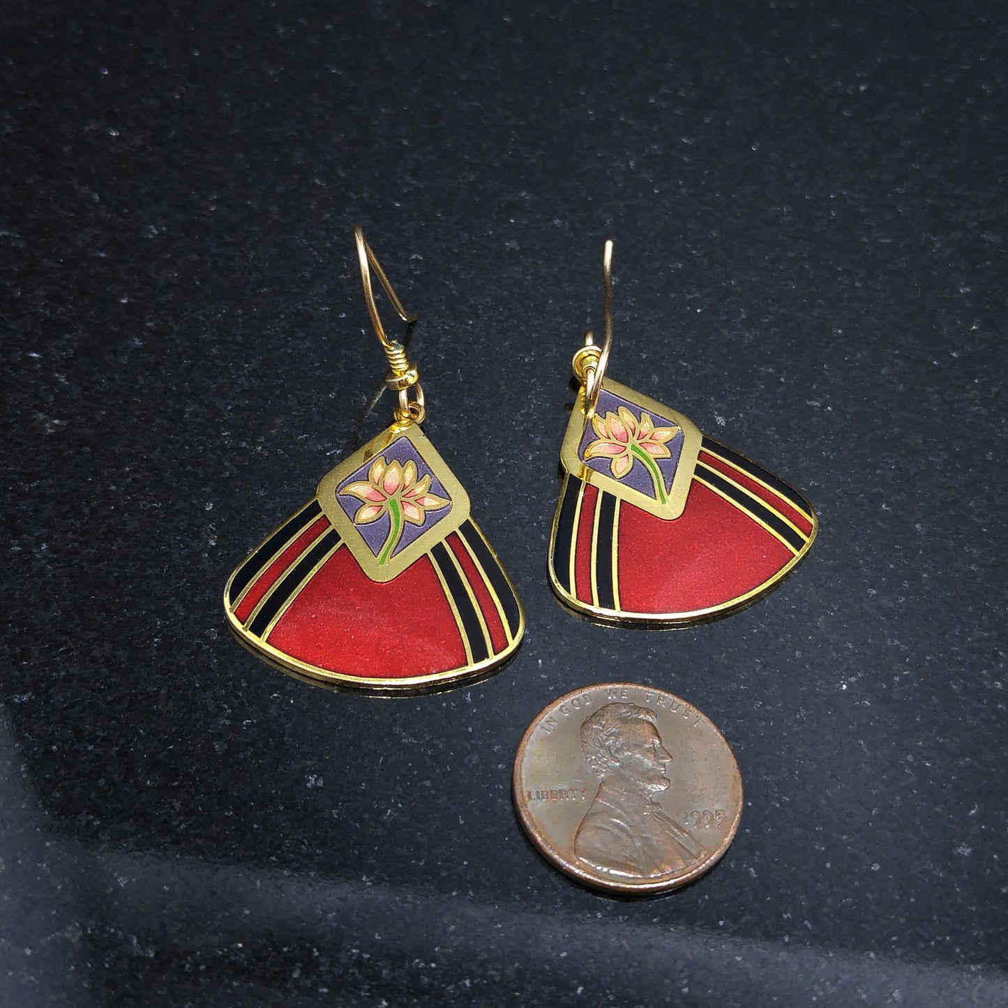 Vintage Laurel Burch "Water Lily" Earrings, Gold Plated, Red Enamel