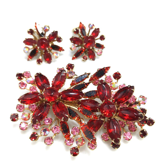 Red Floral Rhinestone Brooch Earrings Set, Aurora Borealis Pink, 1950s Vintage Jewelry