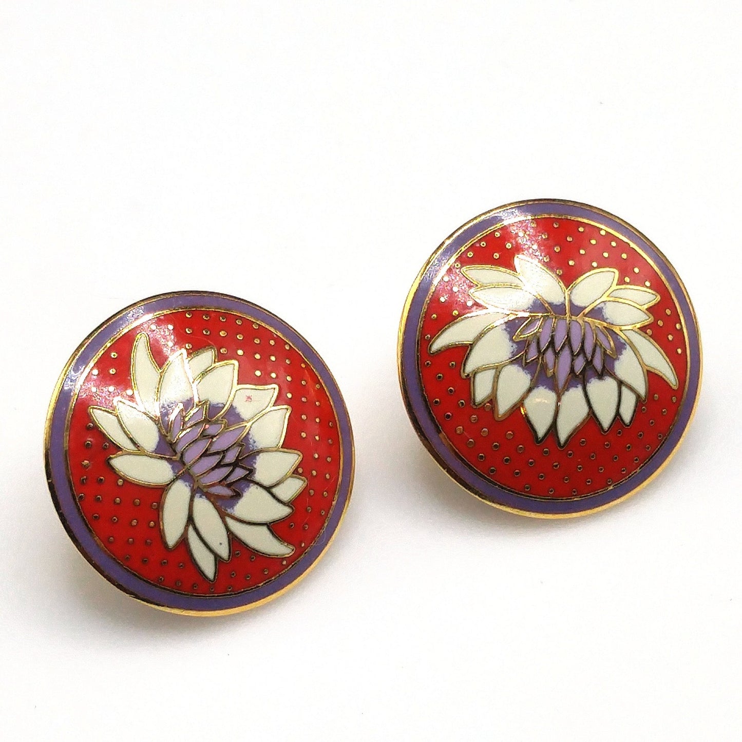 Vintage Laurel Burch "Tibetan Lily" Post Earrings, Red White Purple Enamel
