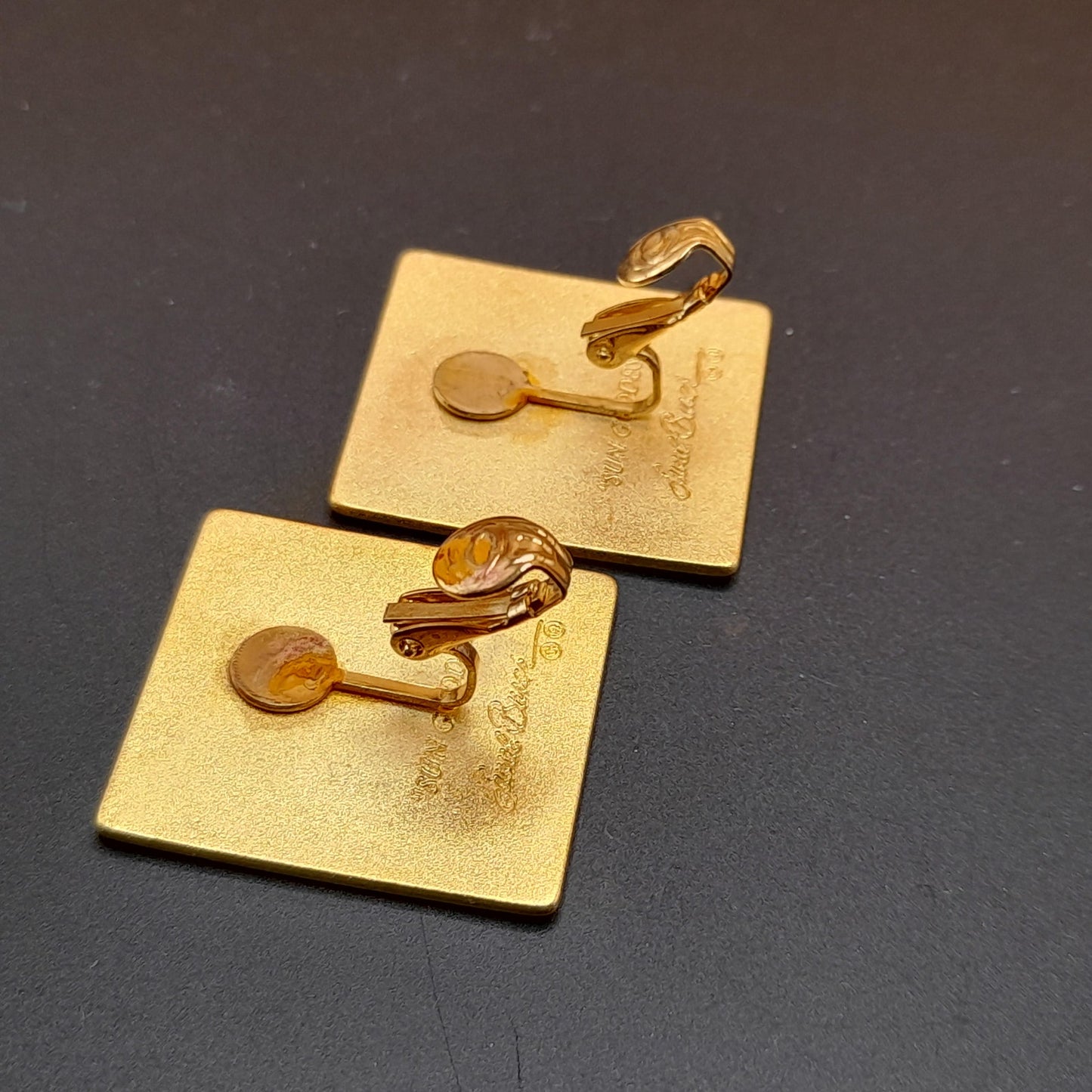 Laurel Burch "Sun Goddess" Clip Earrings, Satin Gold Plated Finish, Cloisonne Enamel, 1980s Vintage Jewelry