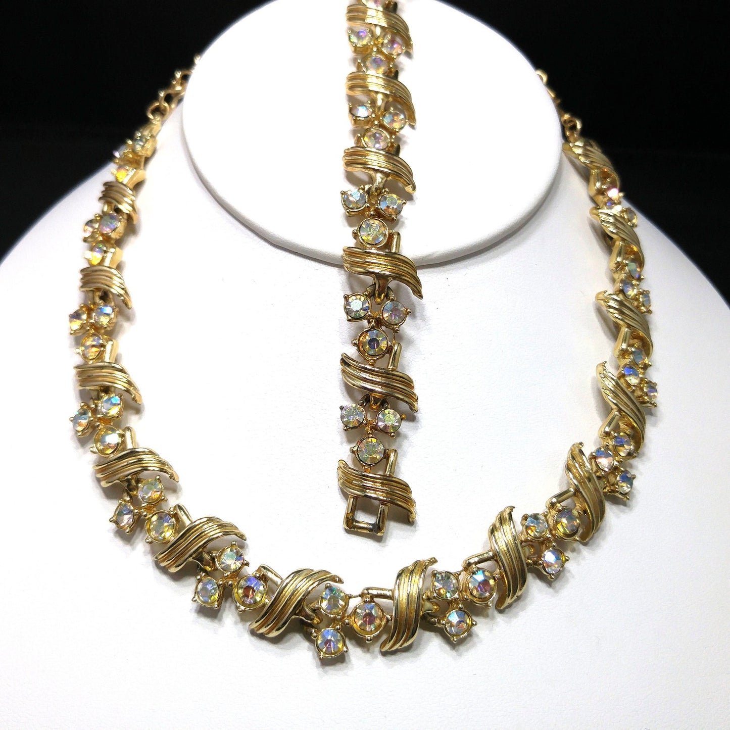 Vintage Aurora Borealis Rhinestone Necklace Bracelet Set, Gold Plated, 1960s Vintage Jewelry