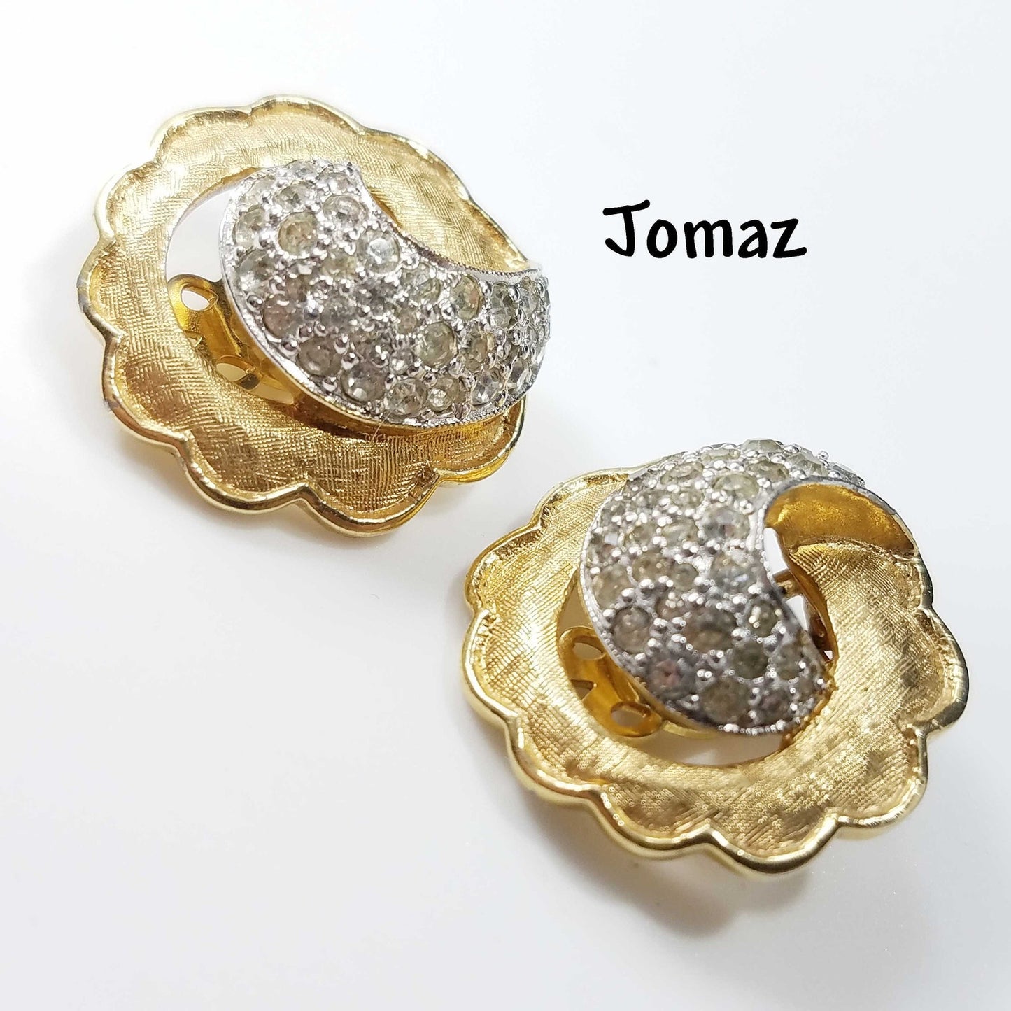 Vintage Jomaz Gold Plated Rhinestone Clip Earrings, Scalloped Edges, 1940s
