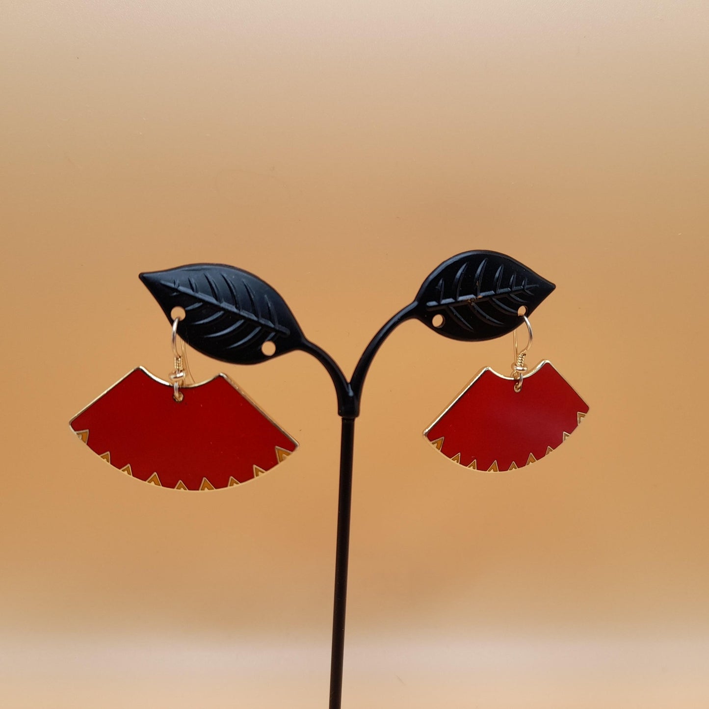 Laurel Burch "Mitra" Red Large Fan Earrings, Gold Plated, Cloisonne Enamel, 1980s Vintage Jewelry