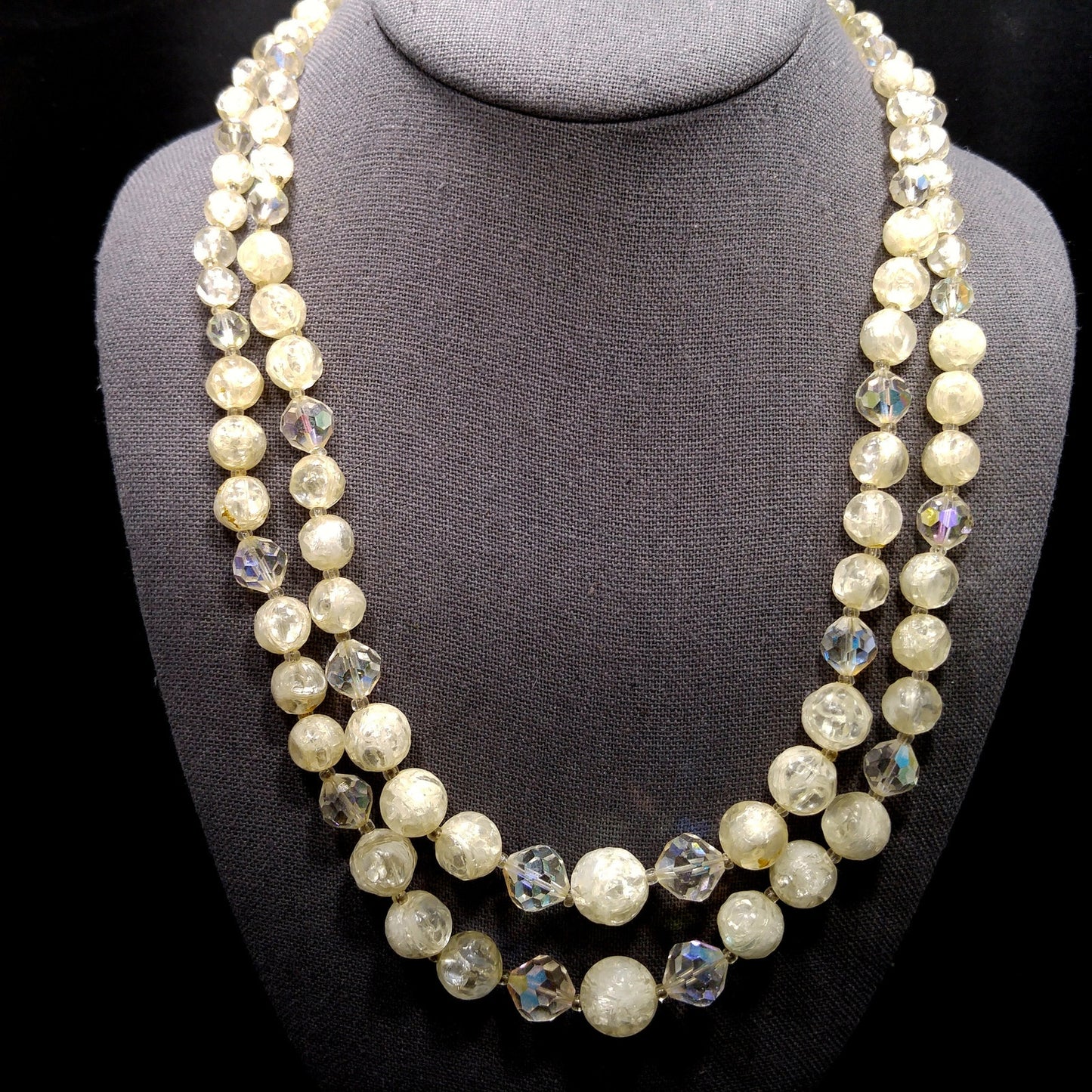 Laguna Crystal Bead Faux Crackle Glass Necklace, Lucite Beads, 1950s Vintage Jewelry