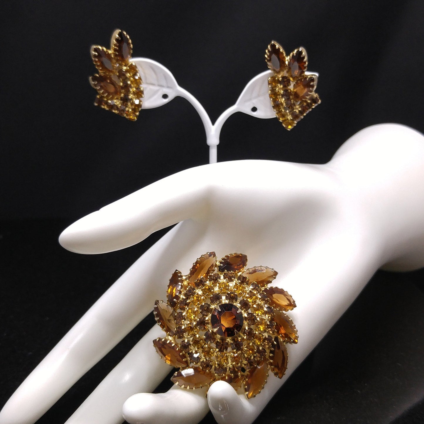 Domed Topaz Rhinestone Brooch & Earrings Set, Gold Plated, 1960s