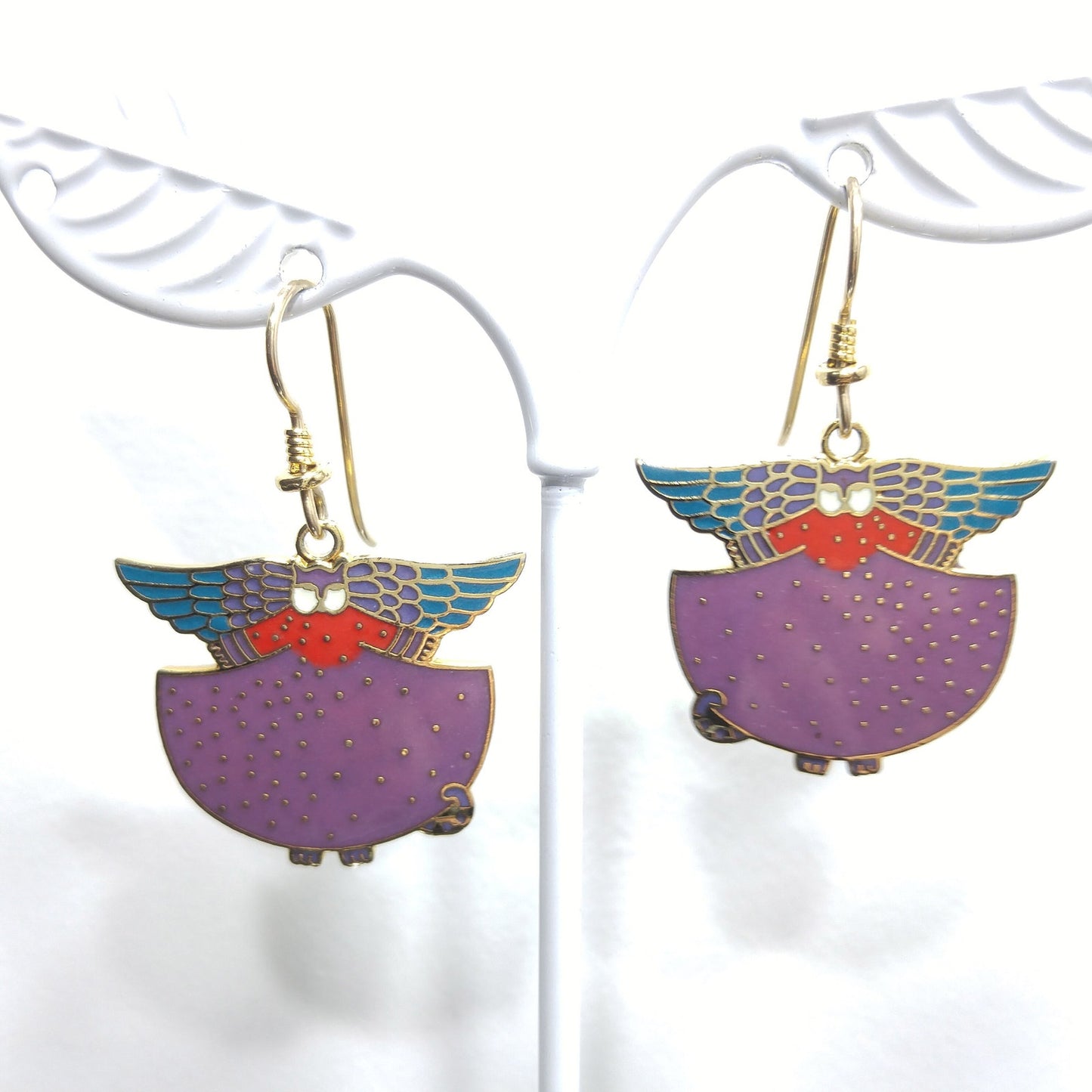 Laurel Burch "Angelicat" Earrings, Gold Plated Cloisonne & Enamel, 1980s
