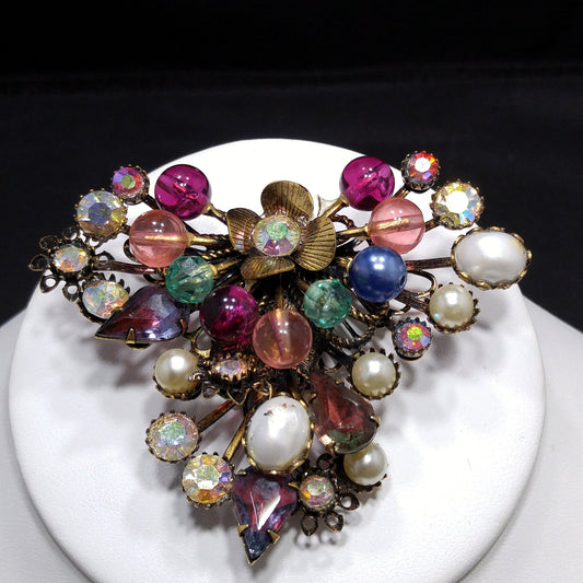 Mid-century Floral Beaded Riveted Brooch, Rhinestones Beads Prongs, 1950s Vintage Jewelry