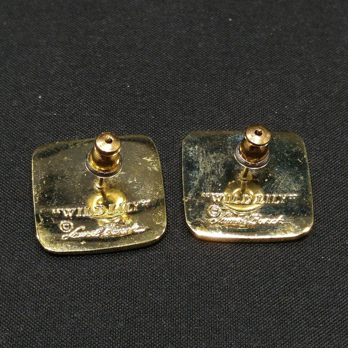 Laurel Burch "Wild Lily" Blue Post Earrings, Cloisonne Gold Plated, 1980s