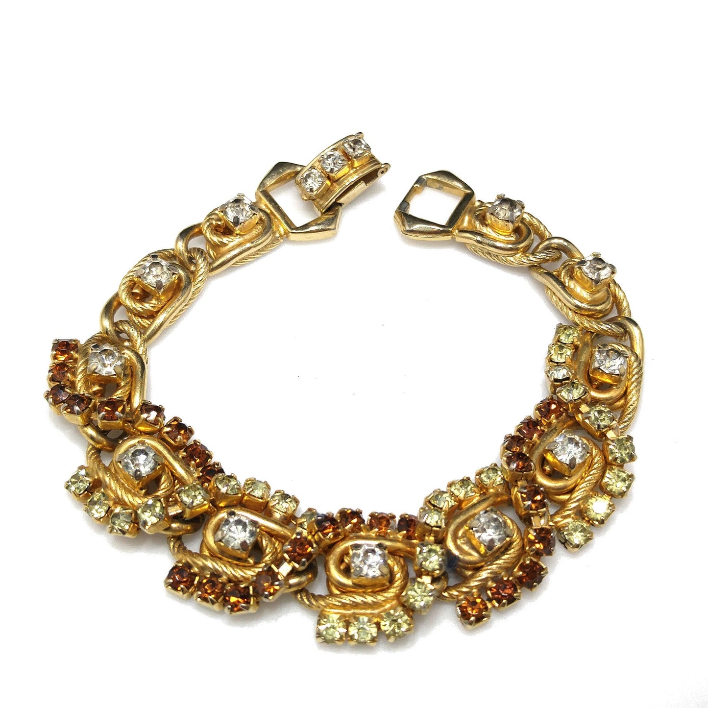 Hobe' Topaz Lt. Green Clear Rhinestone Necklace Bracelet Set, Gold Plated, 1960s Vintage Jewelry