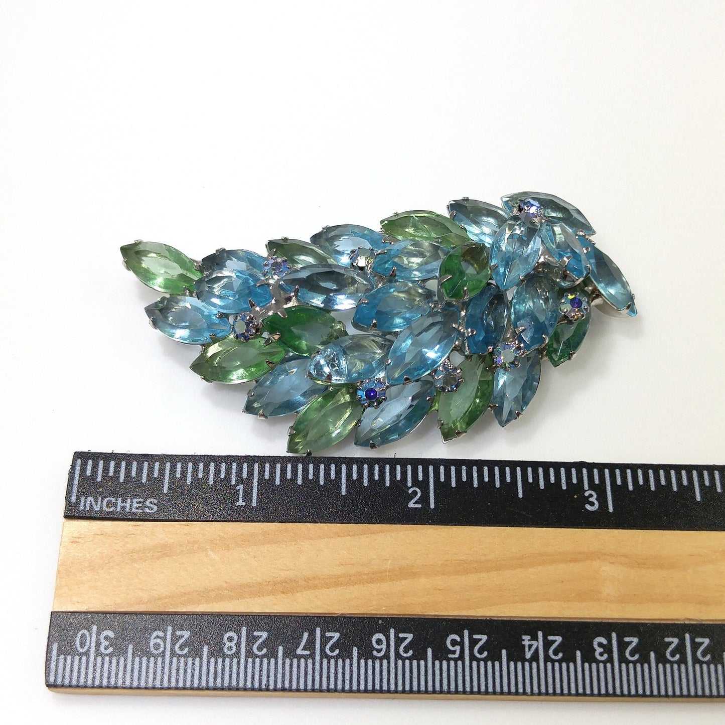Turquoise & Green Rhinestone Brooch, Rhodium Plated, 1960s Vintage Jewelry