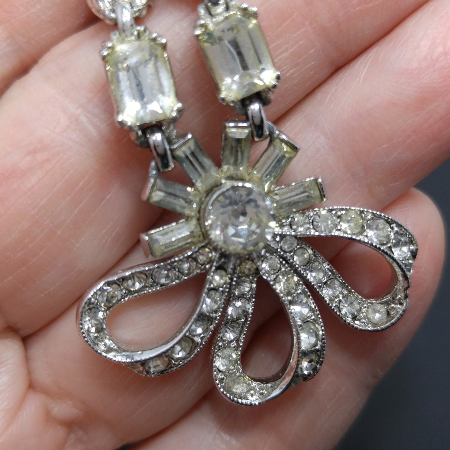 Bogoff Clear Rhinestone Pendant Choker Necklace, Rhodium Plated, 1950s Vintage
