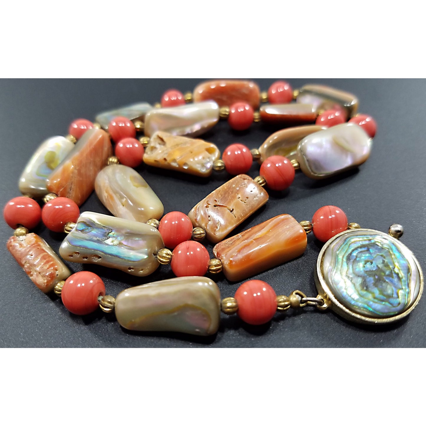 Castlecliff Abalone Beaded Necklace, Orange Glass Beads, Gold Plated Abalone Clasp, 1960s Vintage Jewelry