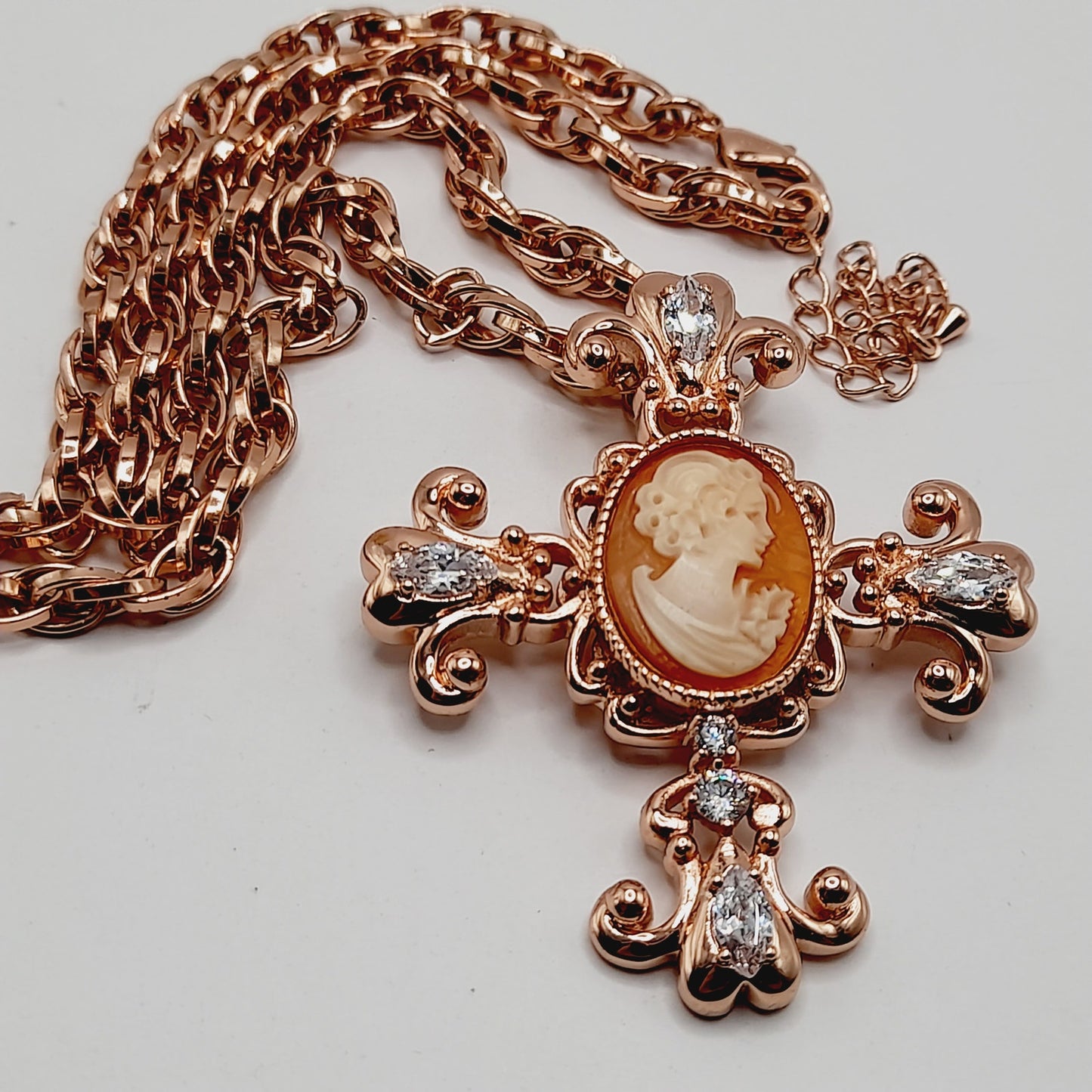 Amedeo Rose Gold Cameo Cross Pendant Necklace with Rhinestones, 18 Inches