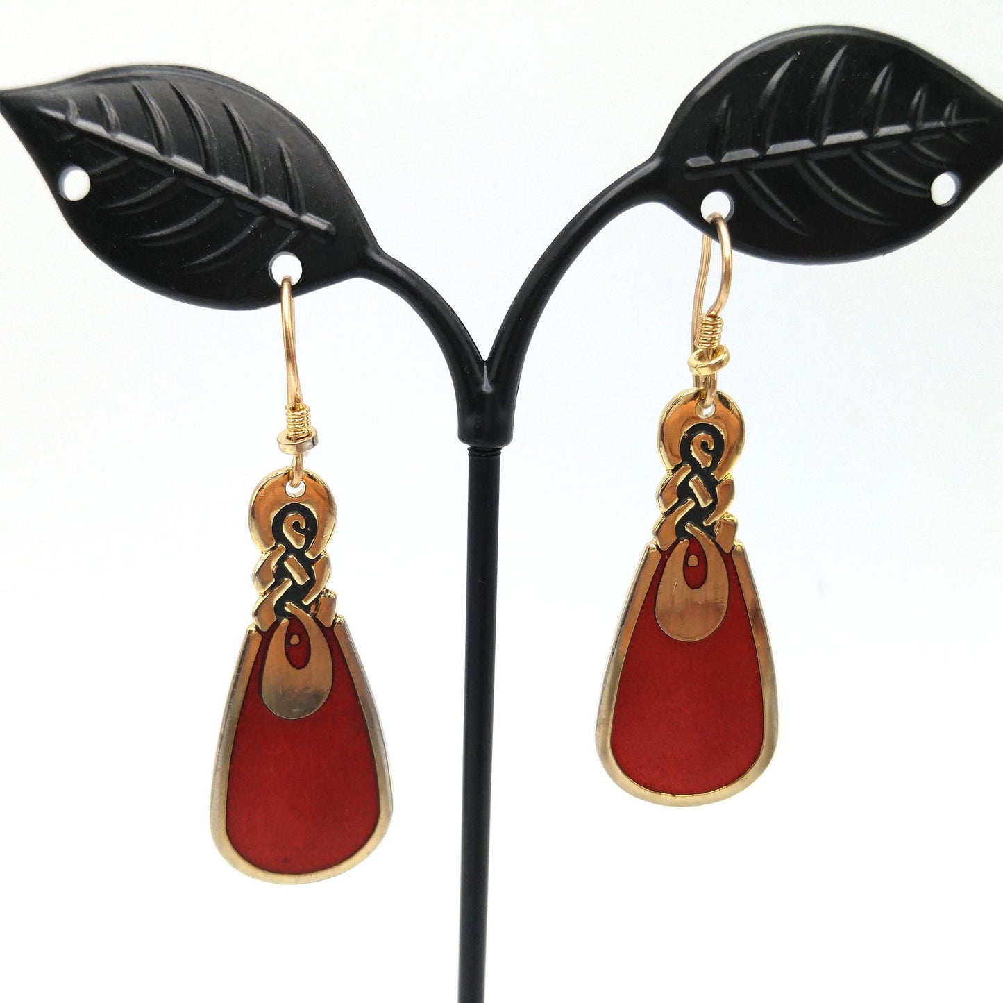Vintage Laurel Burch Love Knot Earrings, Red Enamel, Gold Plated