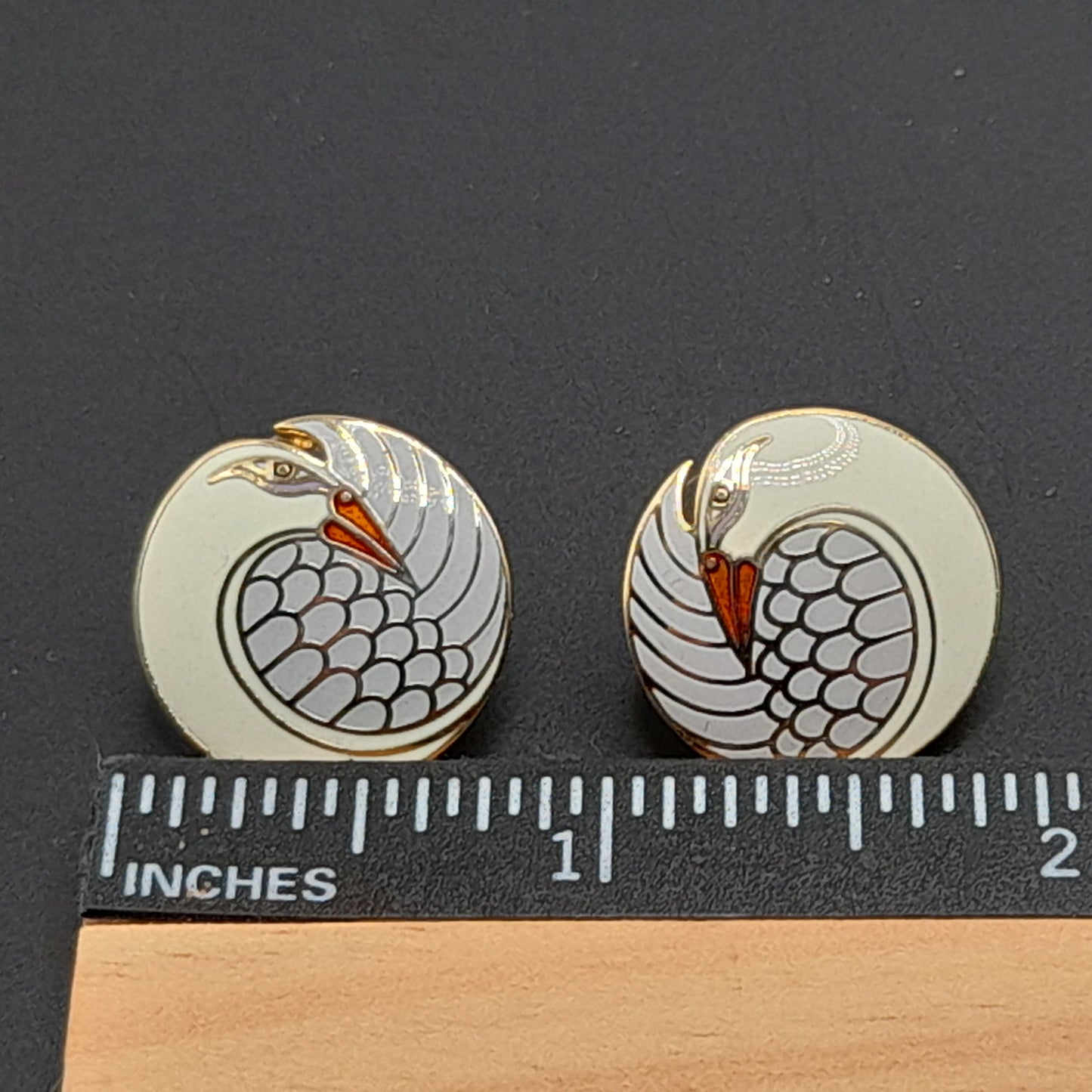 Vintage Laurel Burch Mynah Bird Earrings, Cream Orange Enamel, Gold Plated, 3/4 Inch