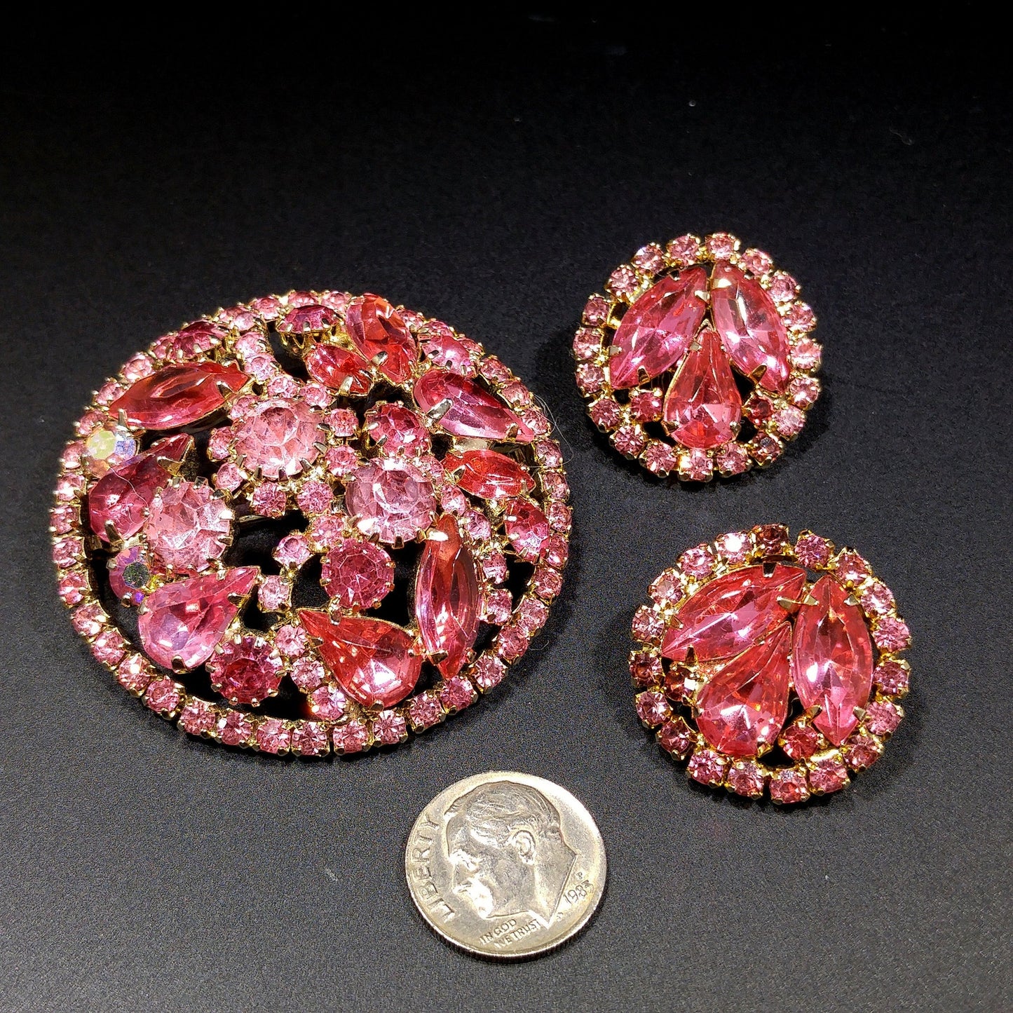 Weiss Pink Rhinestone Brooch Earrings Set, Gold Plated, 1960s Vintage Jewelry