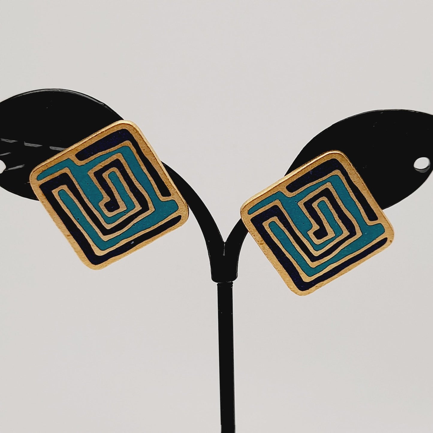 Laurel Burch “Mystery” Earrings – Vintage Enamel Geometric Post Earrings, Signed