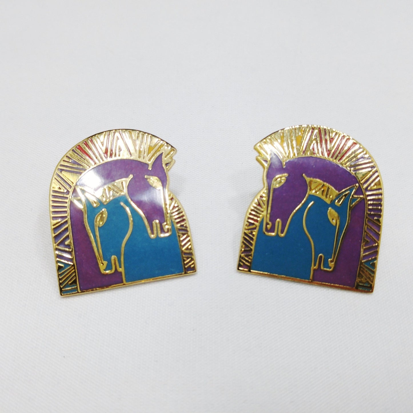 Laurel Burch "Embracing Horses" Post Earrings, Purple & Teal Enamel, Gold Plated