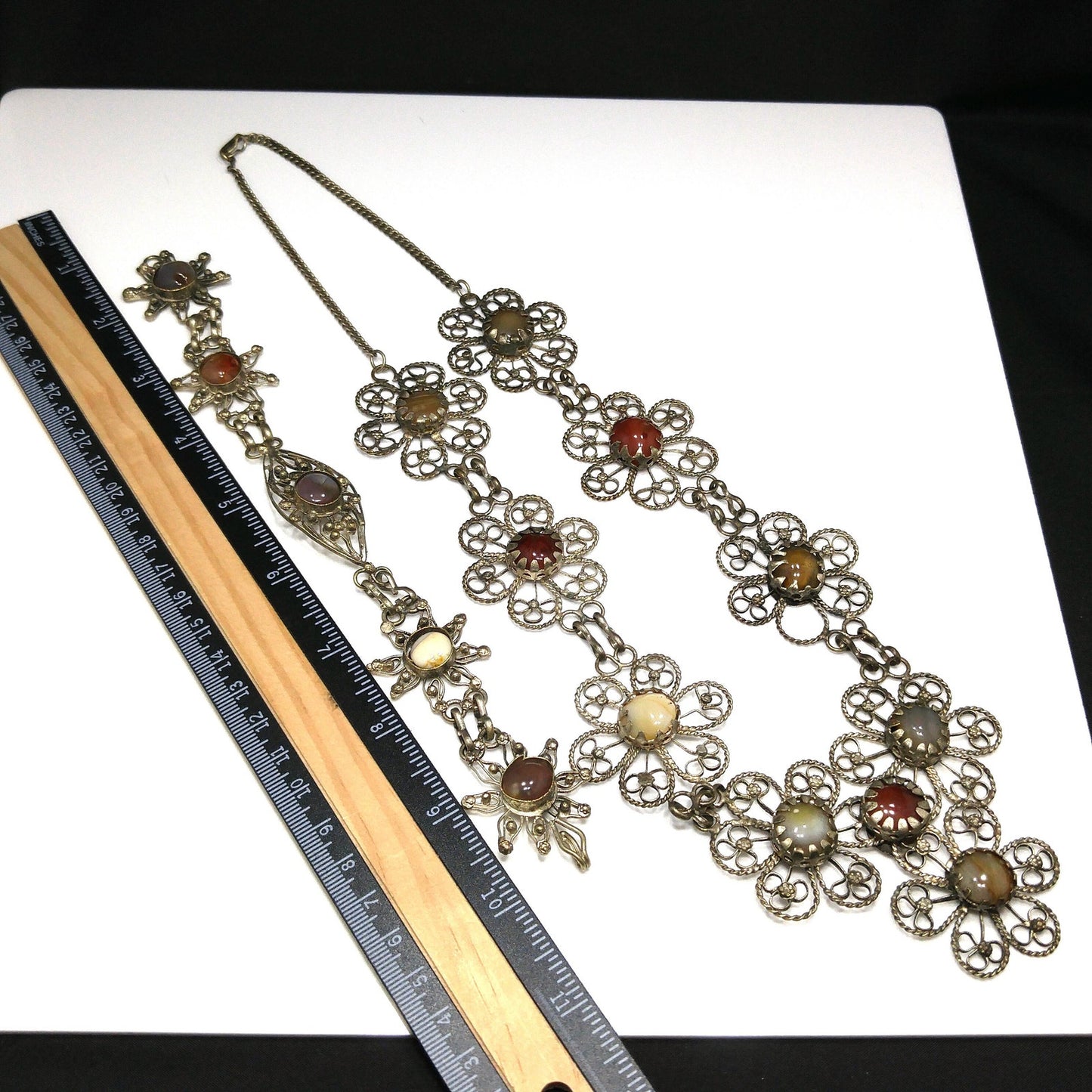 Multicolored Gemstones Twisted Wire Necklace & Bracelet, German or Nickel Silver, 1970s Vintage Jewelry