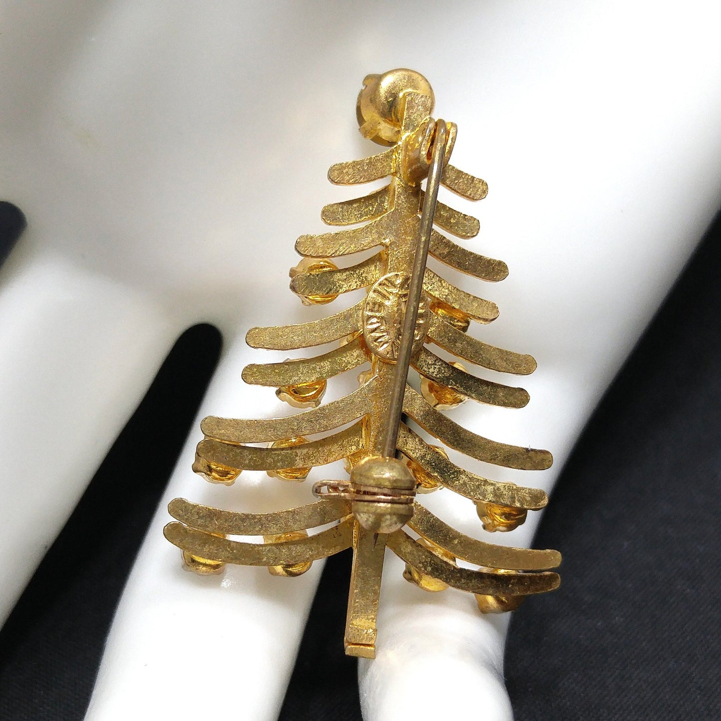 Austria Christmas Tree Brooch, Clear Rhinestones, Faux Pearls, 1960s Vintage Jewelry