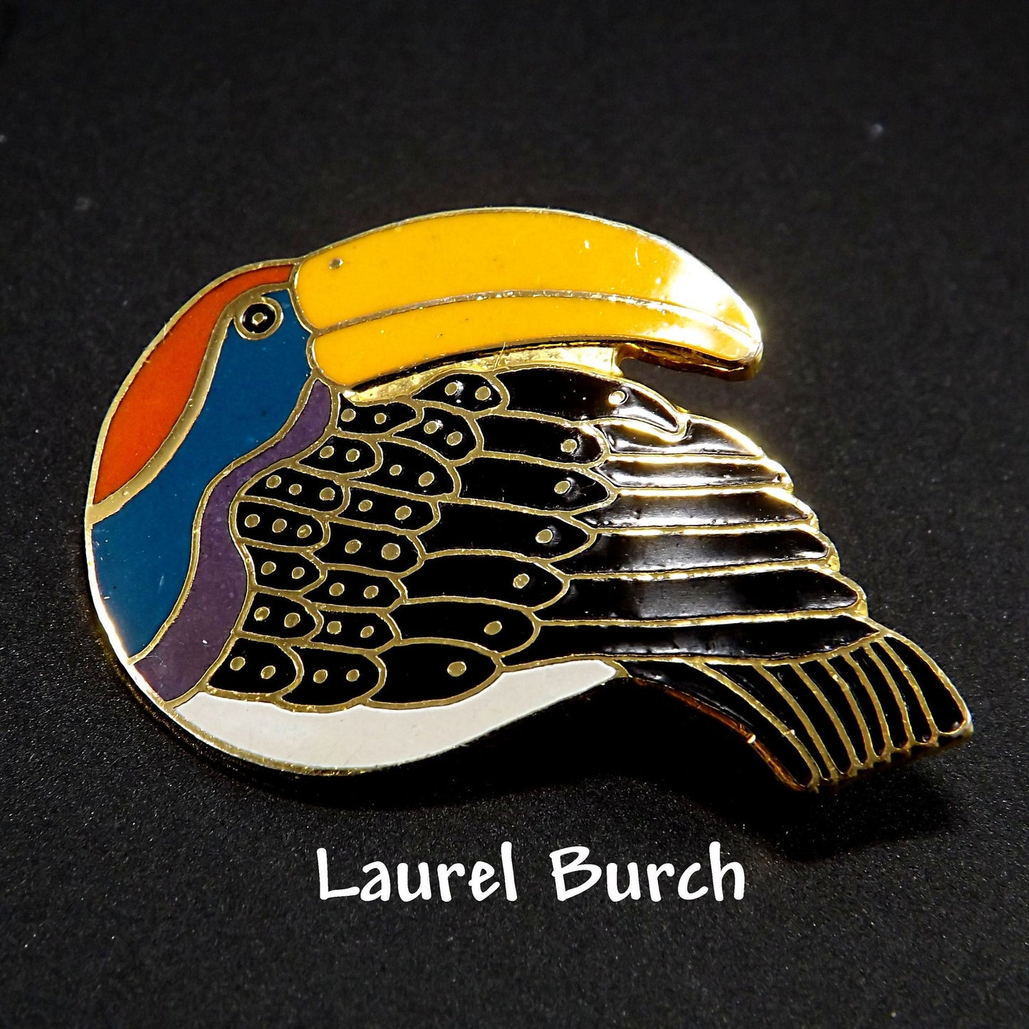 Laurel Burch Toucan Brooch, Gold Plated Cloisonne & Enamel, 1980 Vintage Jewelry