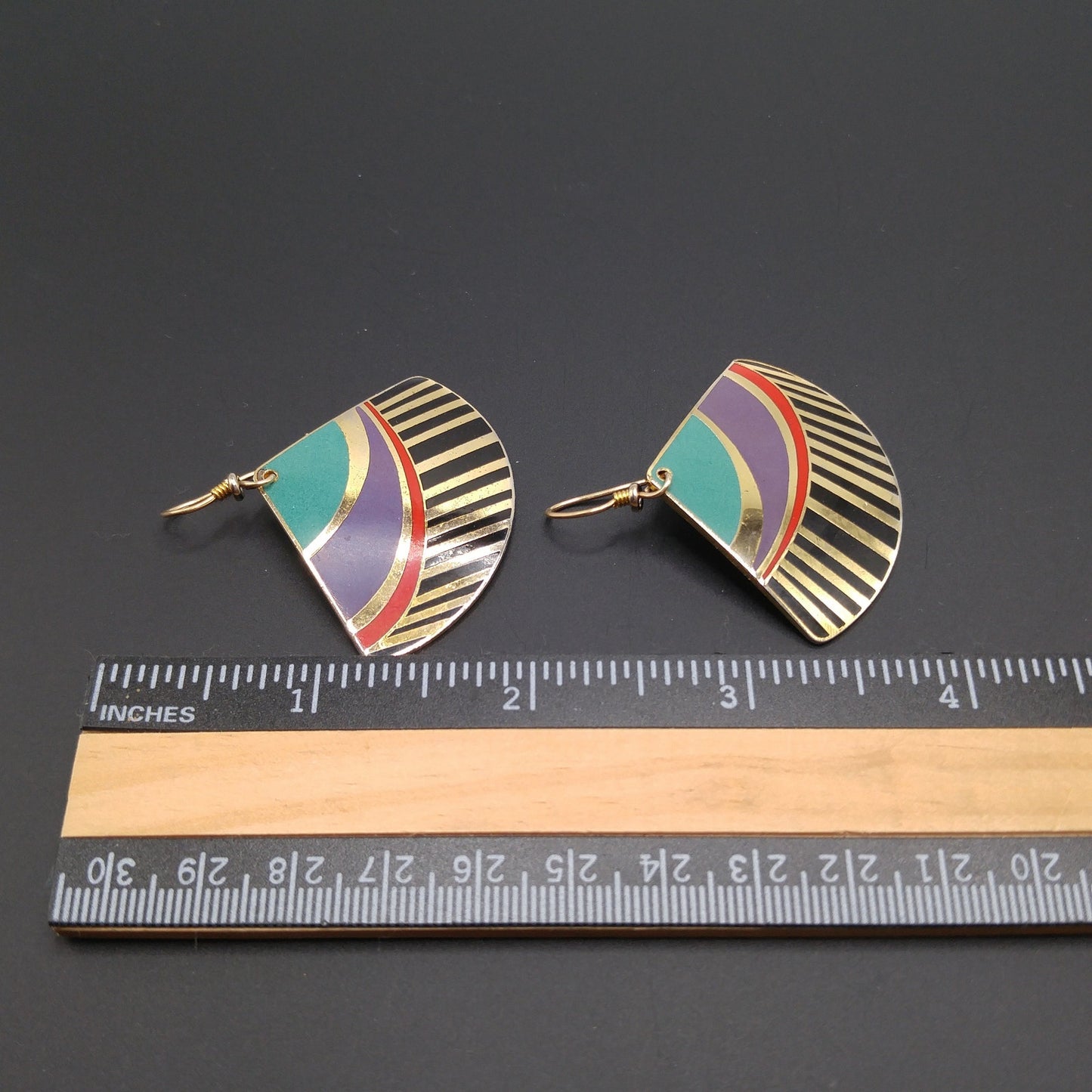 Vintage Laurel Burch Madrid Fan Earrings, Gold Plated, Teal Purple Black Enamel