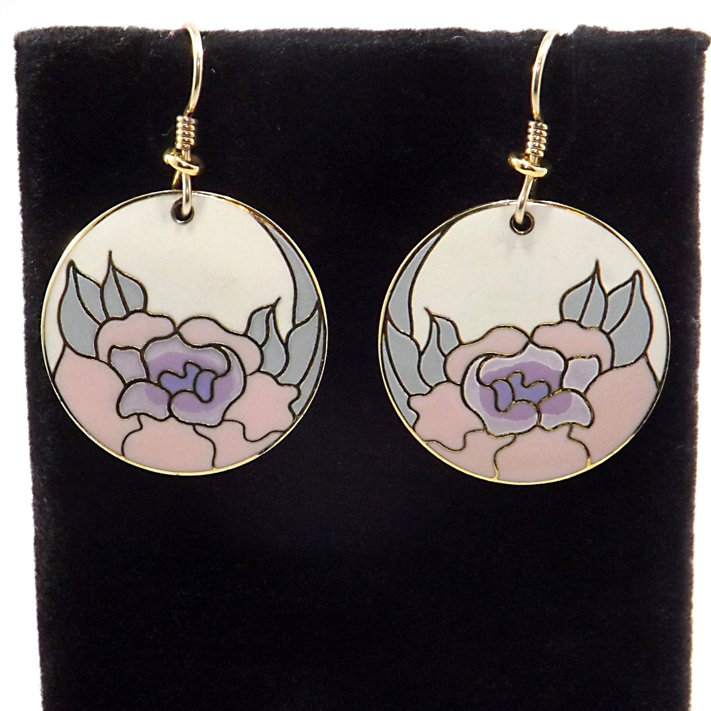 Laurel Burch "Garden Rose" Earrings, Cloisonné Gold Plated, 1980s