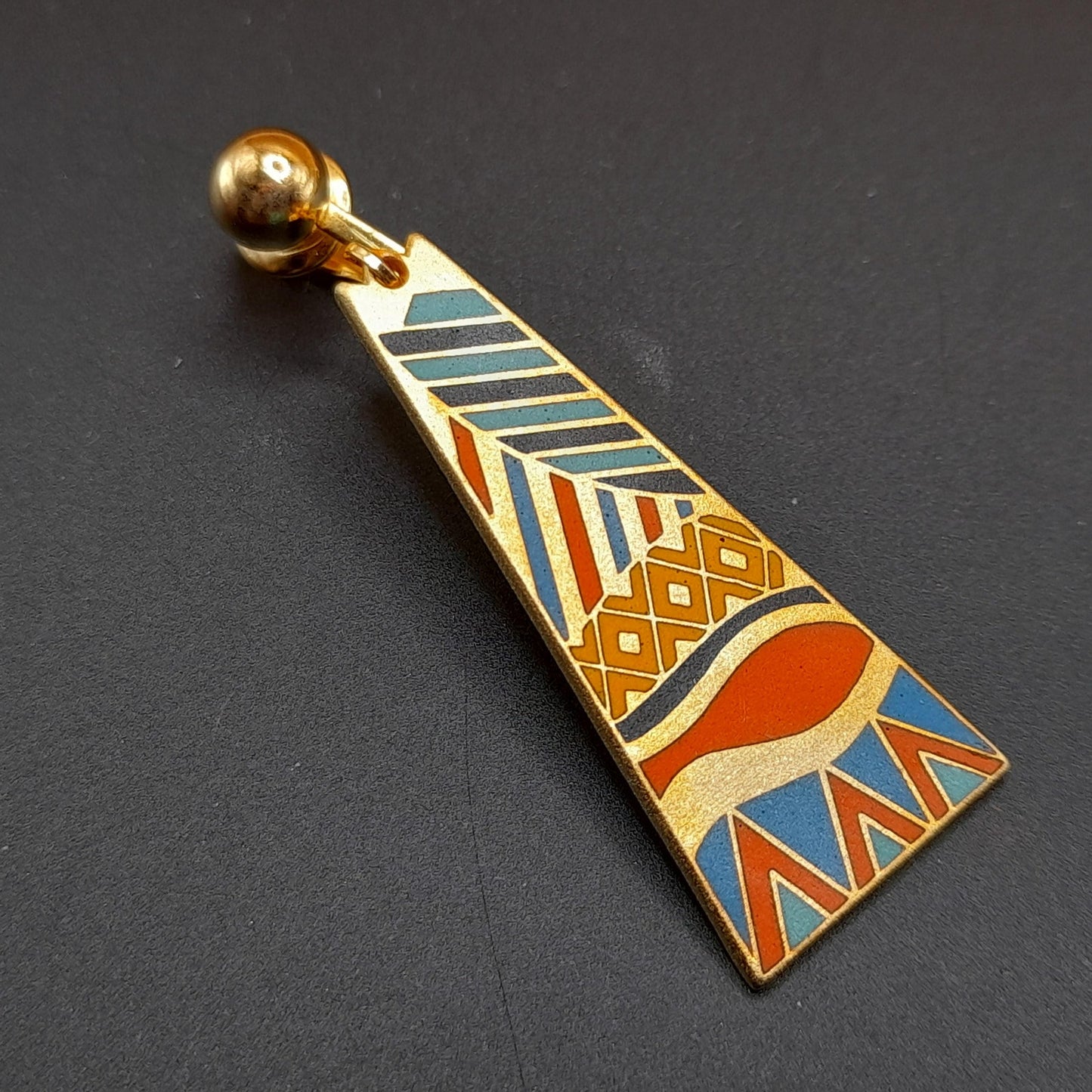 Laurel Burch "Java" Geometric Clip Earrings, Gold Plated Cloisonne Enamel, 1980s Vintage Jewelry