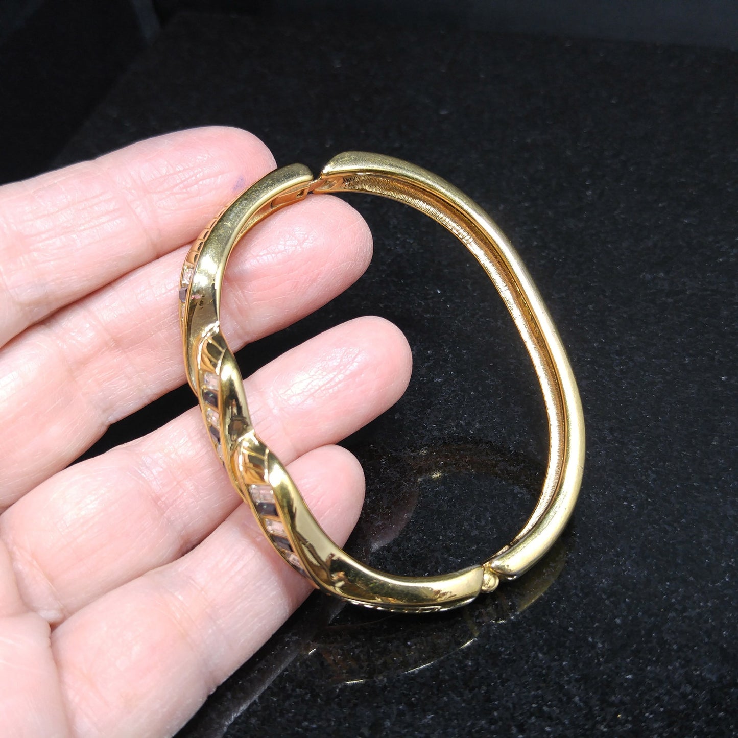 Swarovski Blue Rhinestone Hinged Bracelet, Gold Plated, 1970s Vintage Jewelry