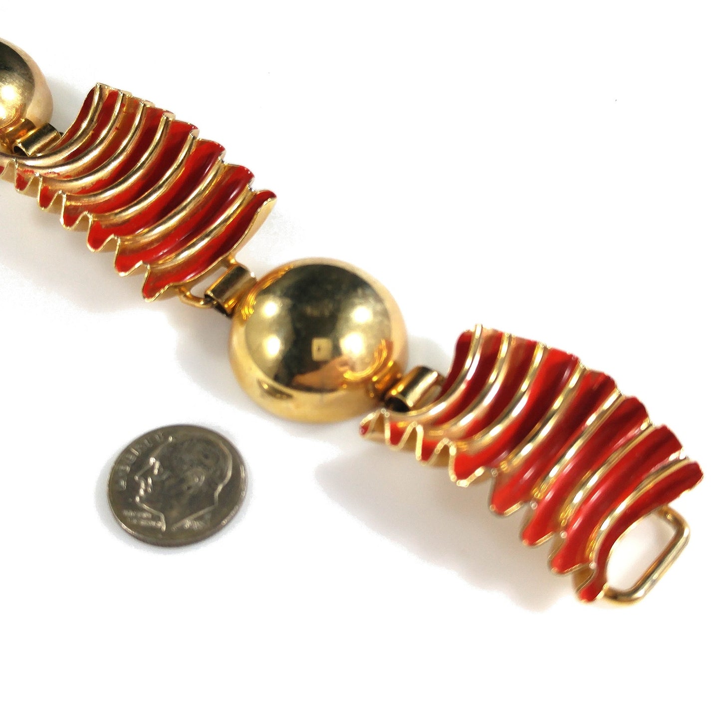 Red Enamel Ribbon Bracelet, Mid Century Modern, Gold Plated, 1950s Vintage Jewelry